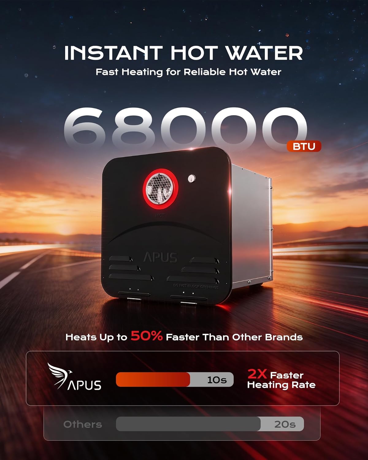 Thumbnail 1 de APUS RV Tankless Water Heater (68,000 BTU) Propane On-Demand Instant Hot Water, 3.9 GPM, 12V with Remote