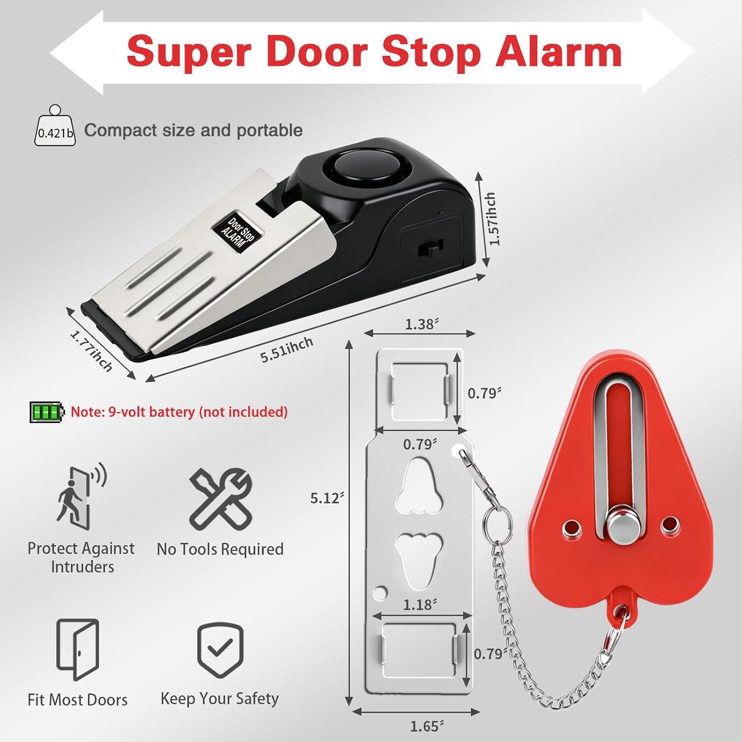 Thumbnail 1 de HNHMT Door lock Portable Door Lock & Door Stop Alarm Set, Stainless Steel, Red