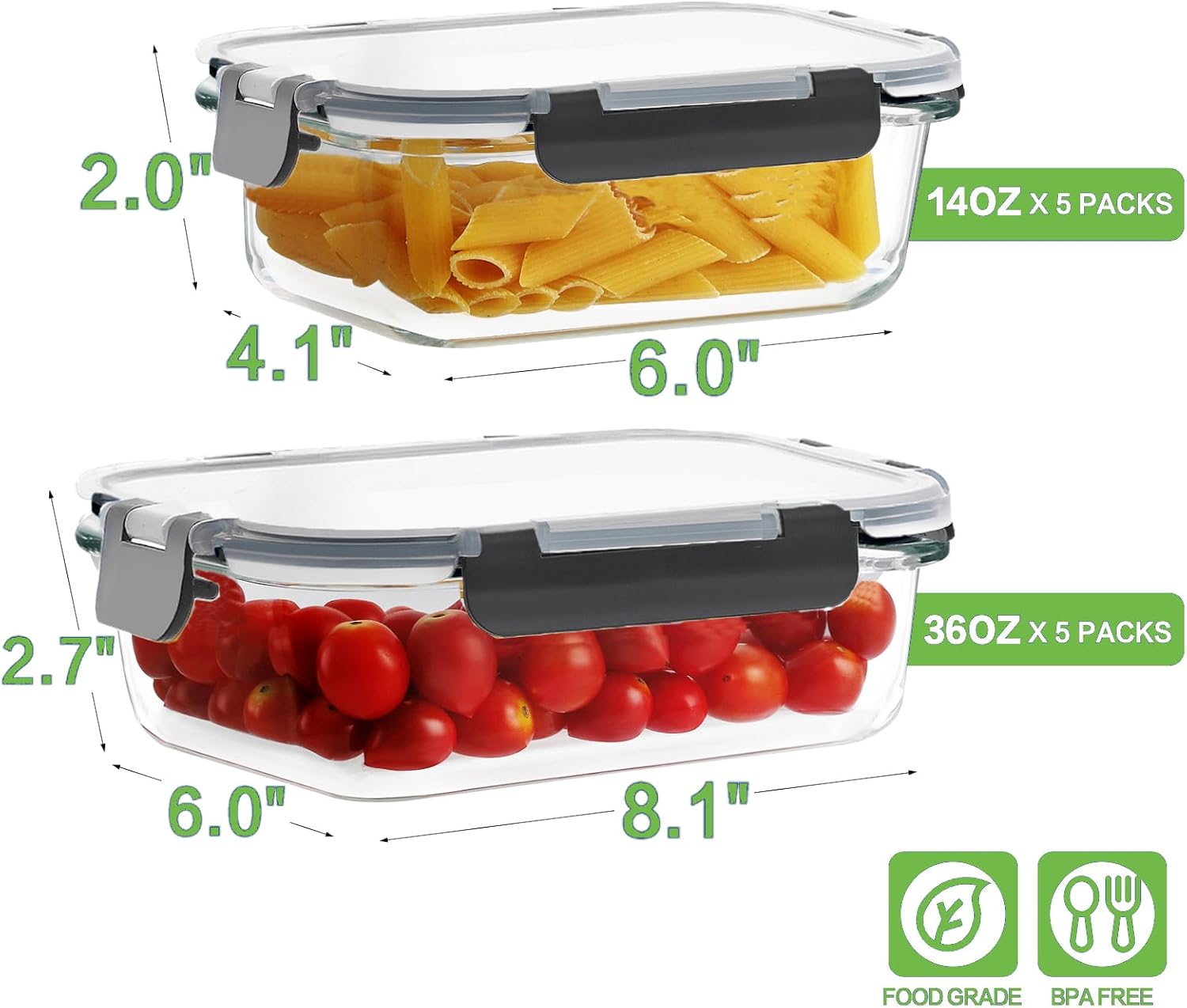 Detalle 2 de HOMBERKING 10 Pack Glass Meal Prep Containers 36oz/14oz 🍱