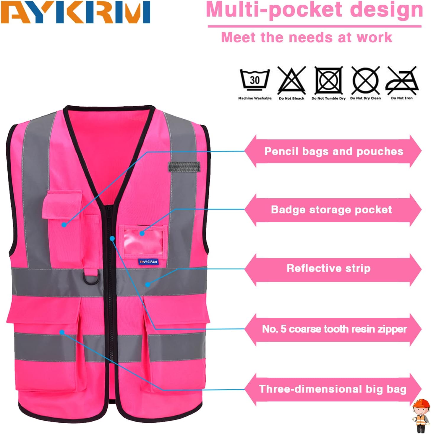 Detalle de AYKRM 21 couleur Gilet di Sicurezza Antinfortunistici ad Alta Visibilità con Tasche e Zip — riflettente 360°