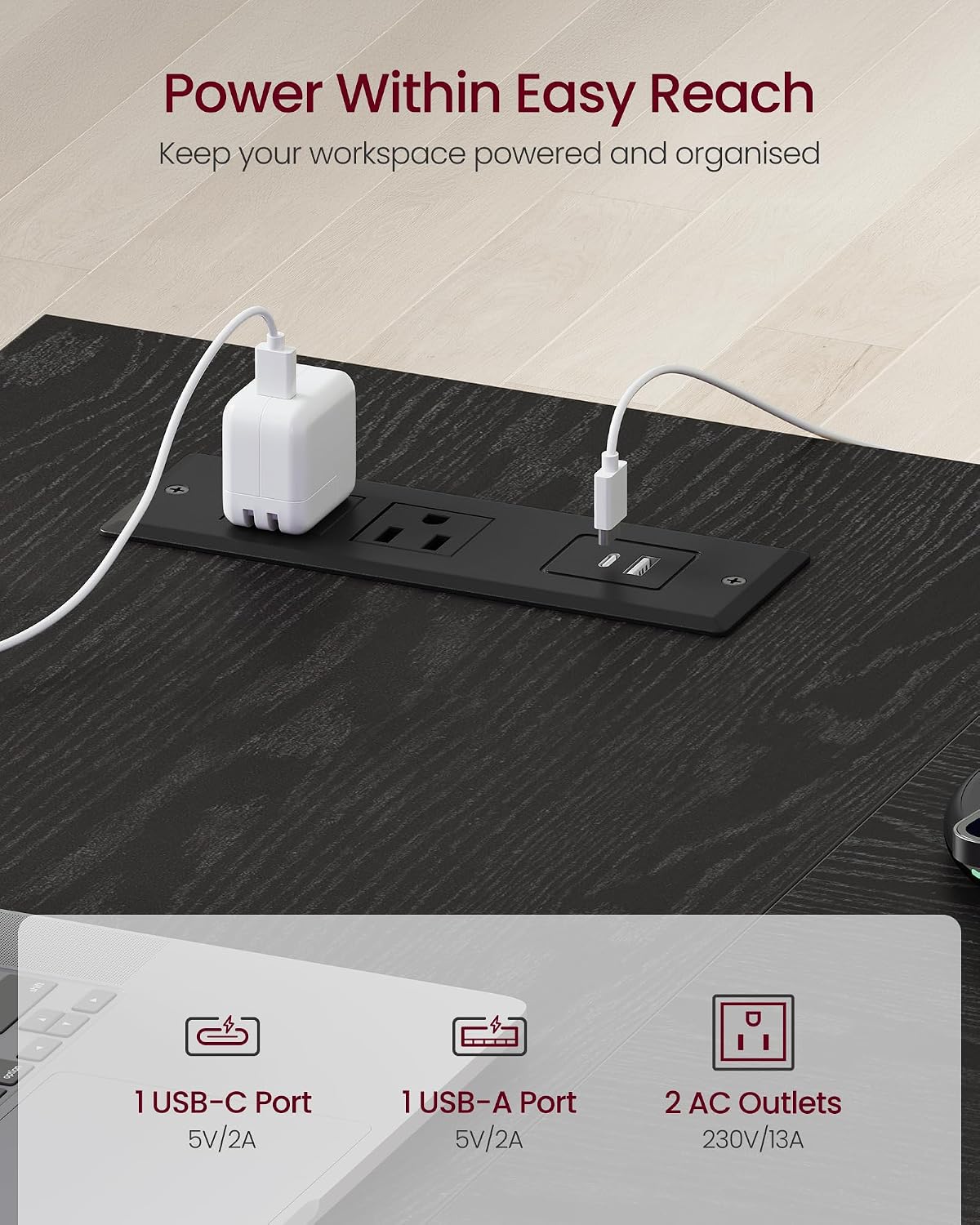 Detalle 2 de VASAGLE ULWD184B101S L-Shaped Desk with Drawers, Shelves, and Power Ports