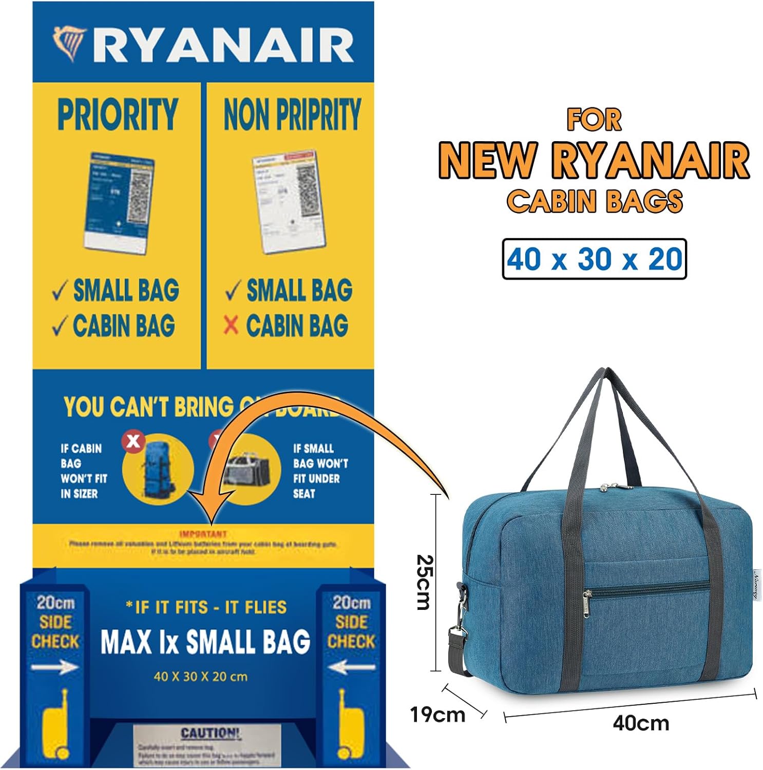 Detalle 2 de for Ryanair Cabin Bags 40x30x20 Underseat Foldable Travel Duffel Bag Holdall Navy 20L