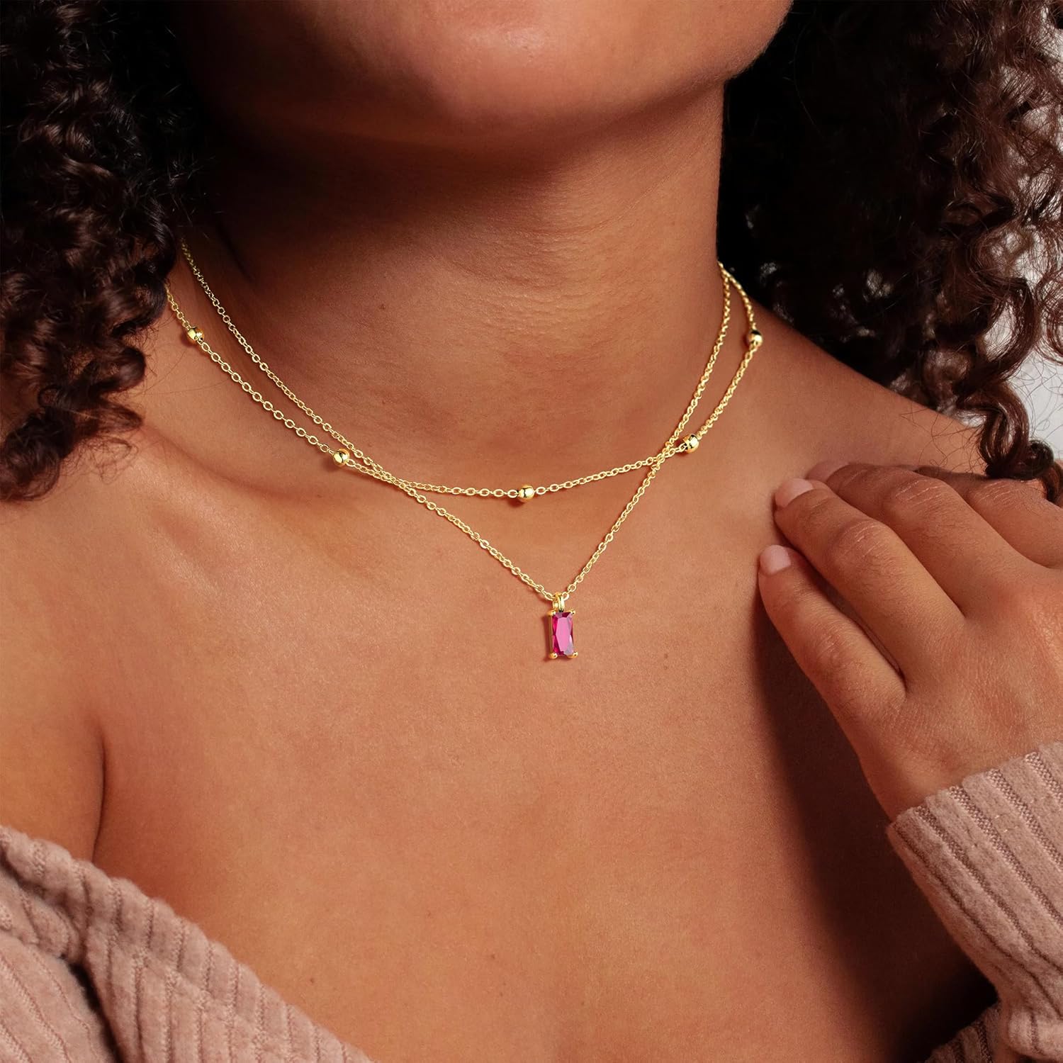 Thumbnail 3 de TINGN Muttertagsgeschenke: Dreireihige Geburtsstein-Kette aus 14K vergoldetem Kupfer – goldfarbene Rechteck-Anhänger, Layered Schmuck