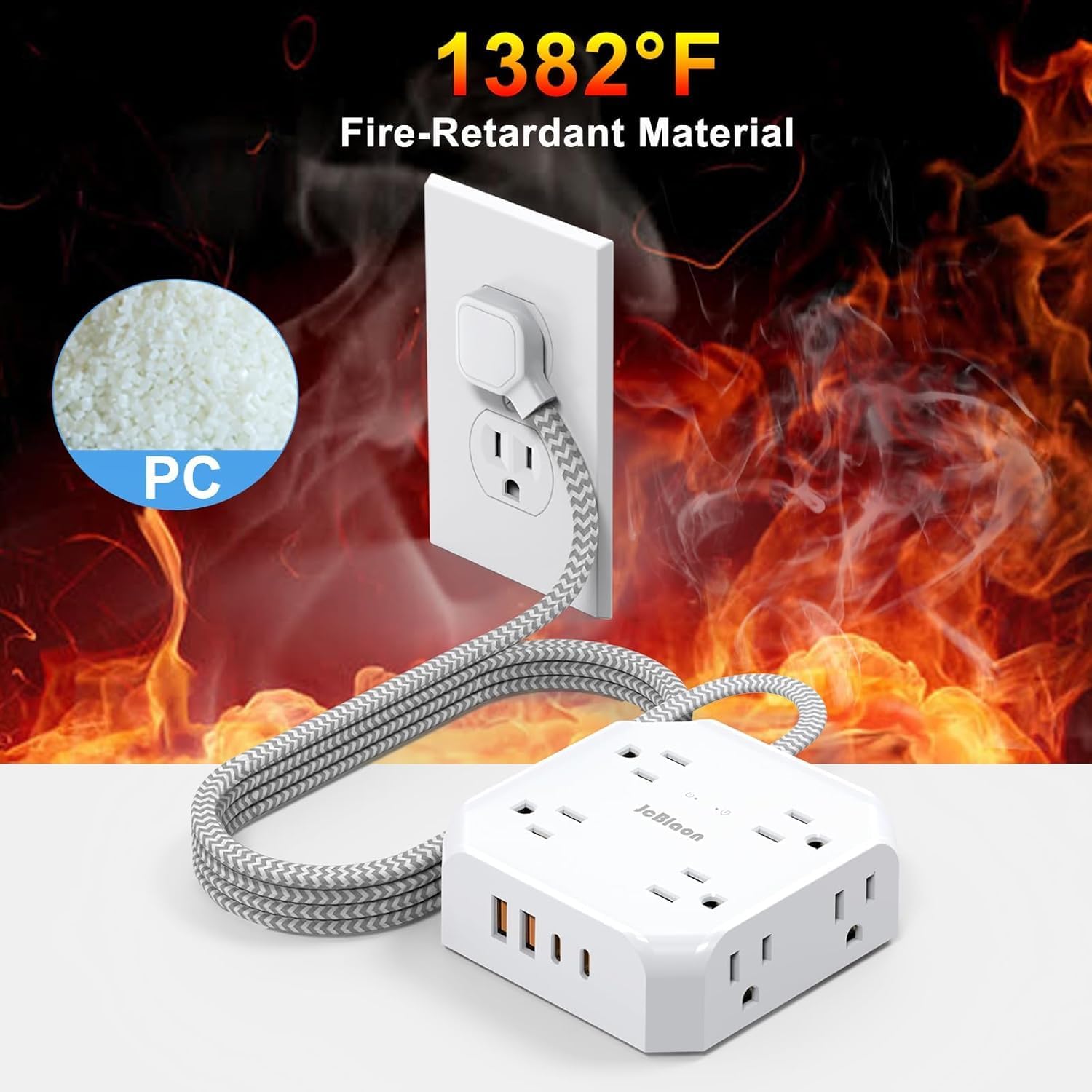 Thumbnail 4 de JcBlaon 10 ft Flat-Plug Power Strip, 8 Outlets, 4 USB Ports, 1,050 J Surge Protection
