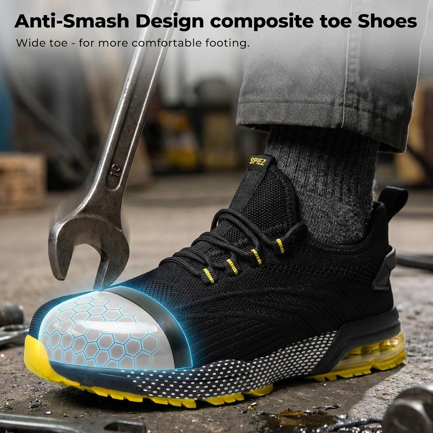 Thumbnail 3 de SPIEZ Scarpe antinfortunistiche unisex con punta composita e ammortizzatore ad aria – Nero Blu/Nero Verde EU36-46