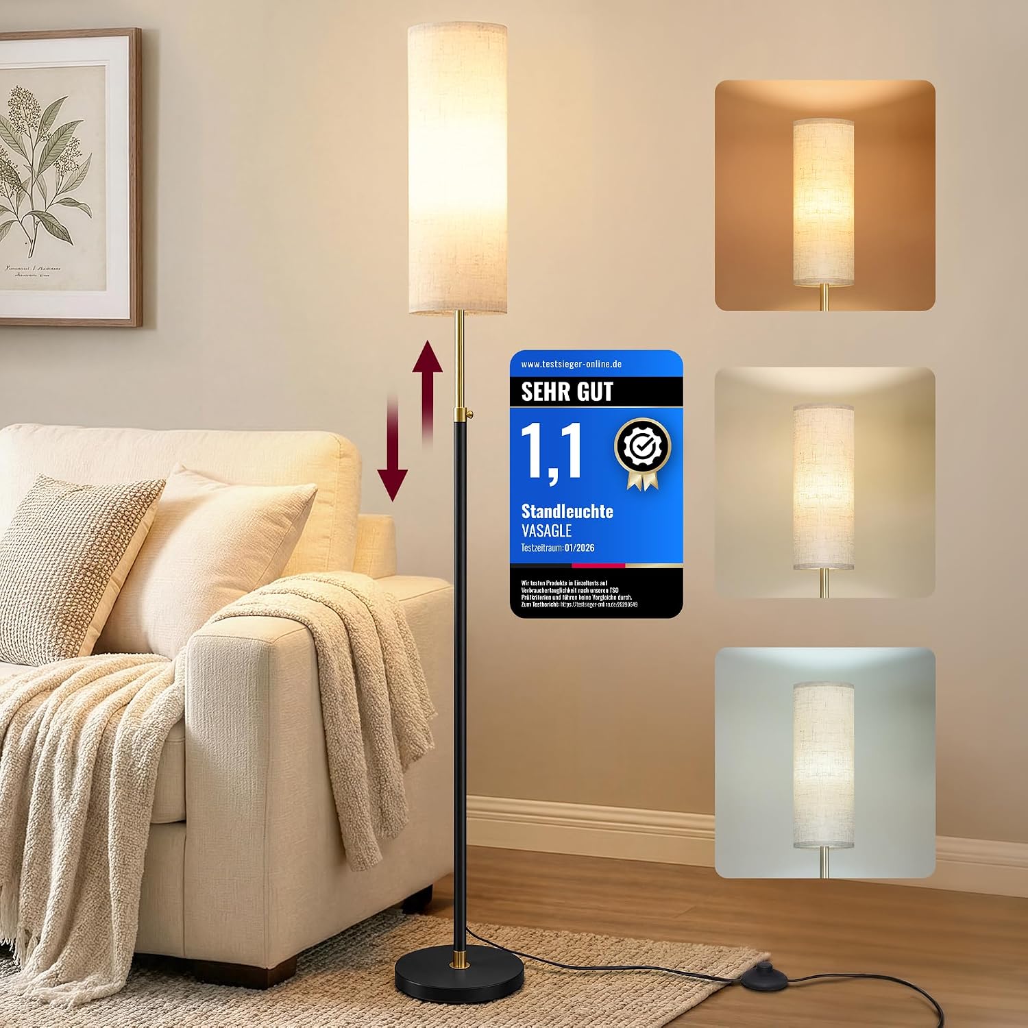 Thumbnail 6 de VASAGLE LFL022BD03 LED Floor Lamp with Fabric Shade – 3 Colour Temperatures, 9W, UKCA Certified