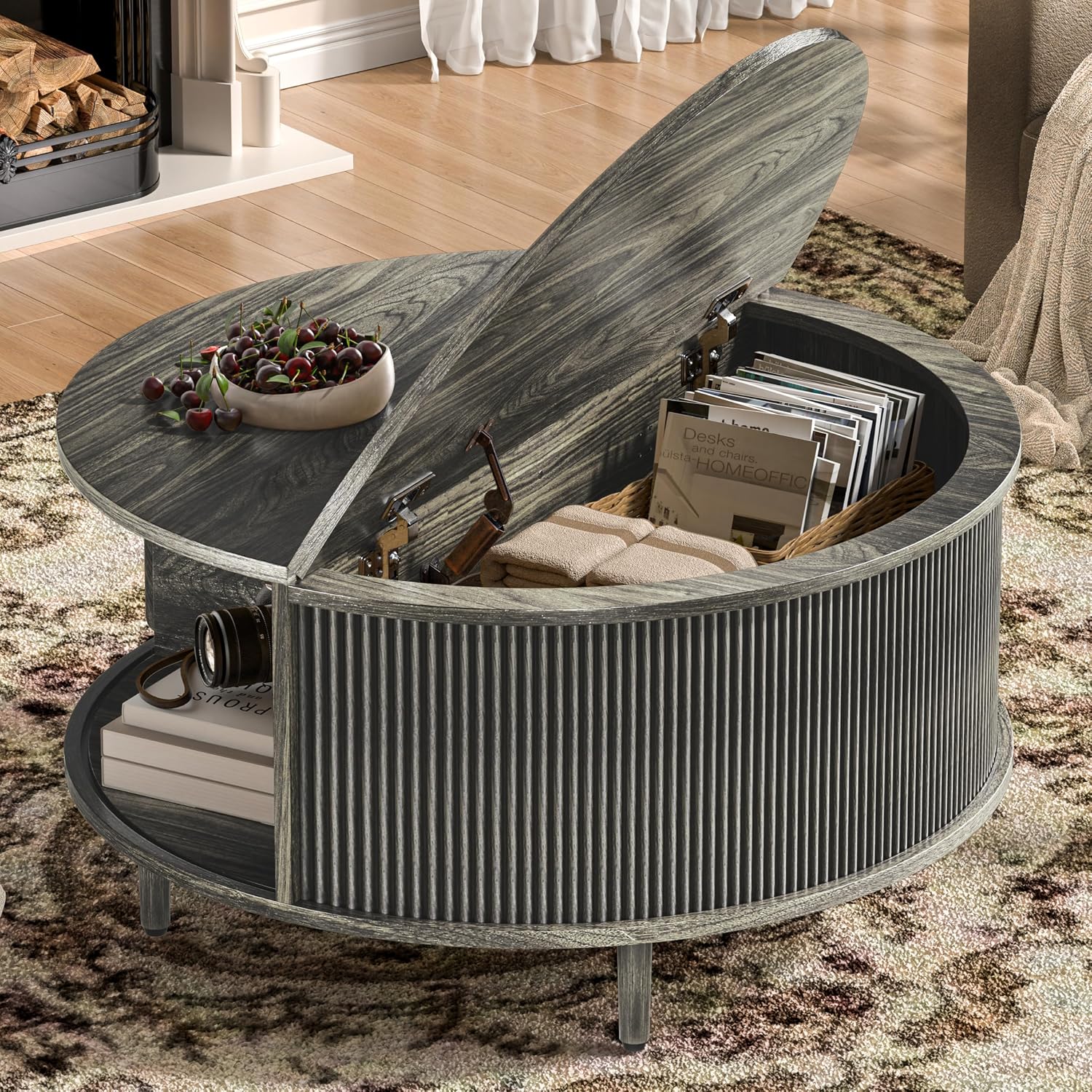Detalle de BEROXII HCYZ-001GRAY-CA Round Coffee Table, 31.5" Lift-Top with Storage