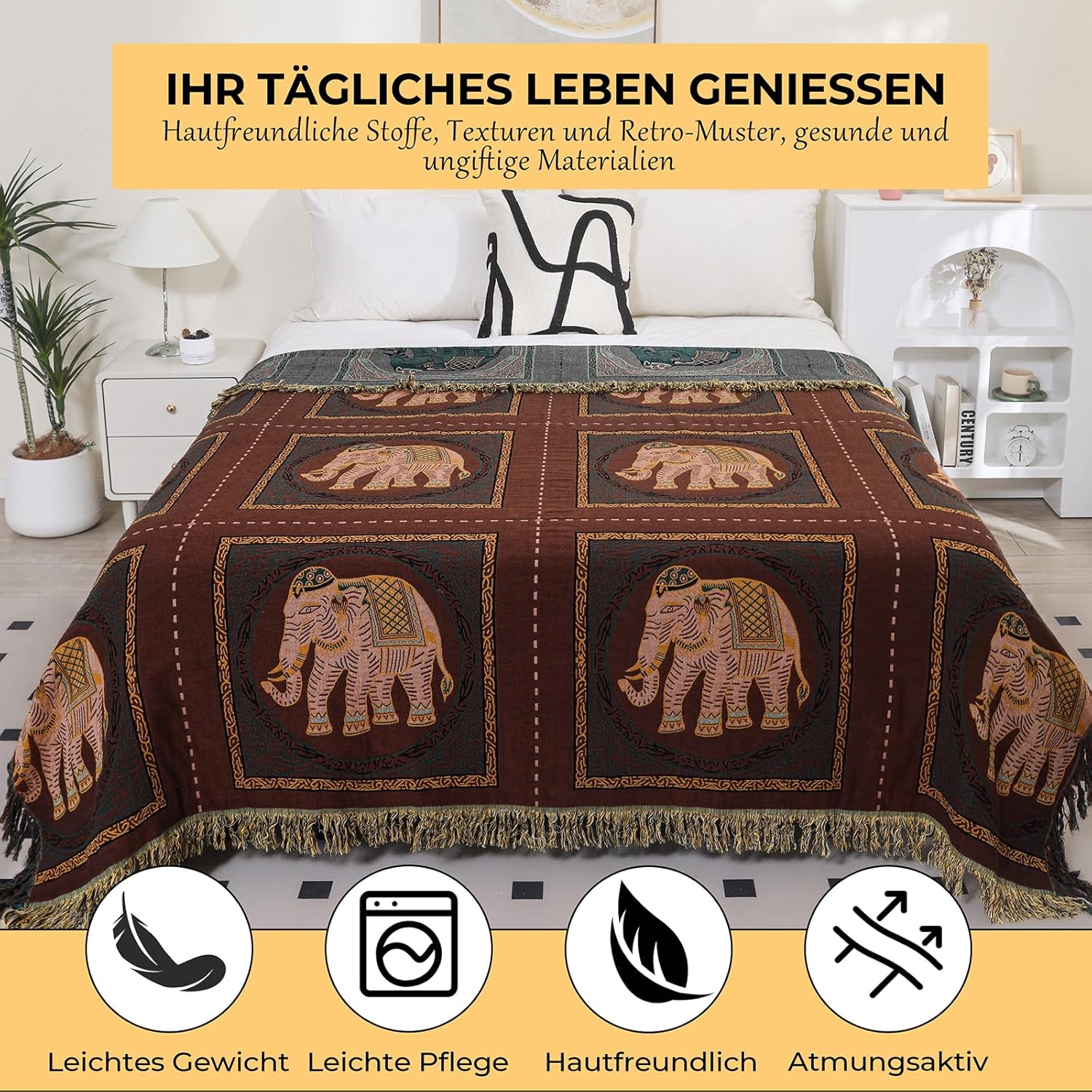 Thumbnail 1 de HOORDRY Boho Musselin-Decke aus 100% Baumwolle (doppelseitig) 200x230 cm – Elefantenaufdruck in Braun