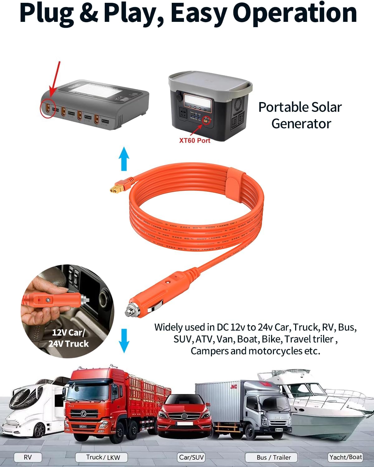 Detalle de Tonton 12V-24V Car Charger to XT60 Cable (2M) for Portable Power Stations – A Practical Link Between Vehicle Power and XT60 Pack