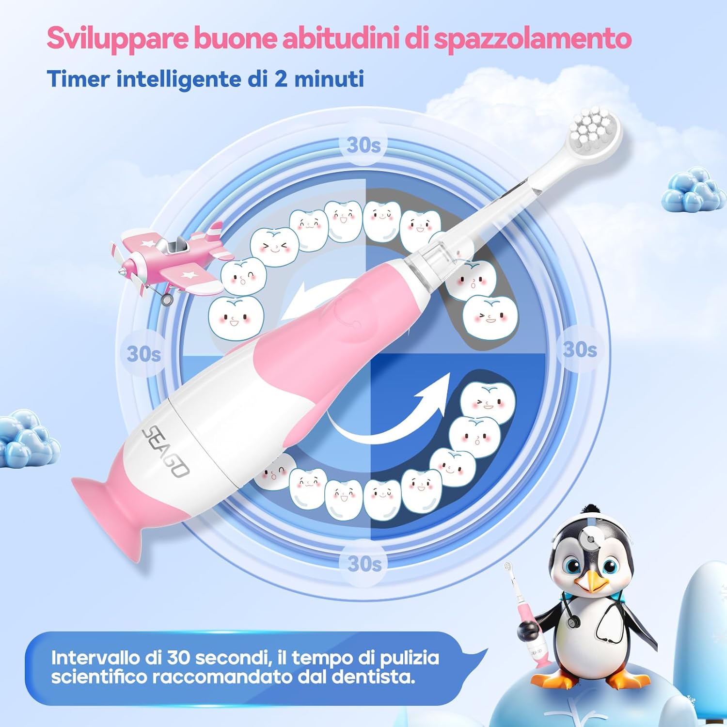 Thumbnail 1 de Spazzolino Elettrico per Bambini SG-2139 Balena Rosa – 0-6 anni, 8 testine, LED, IPX7