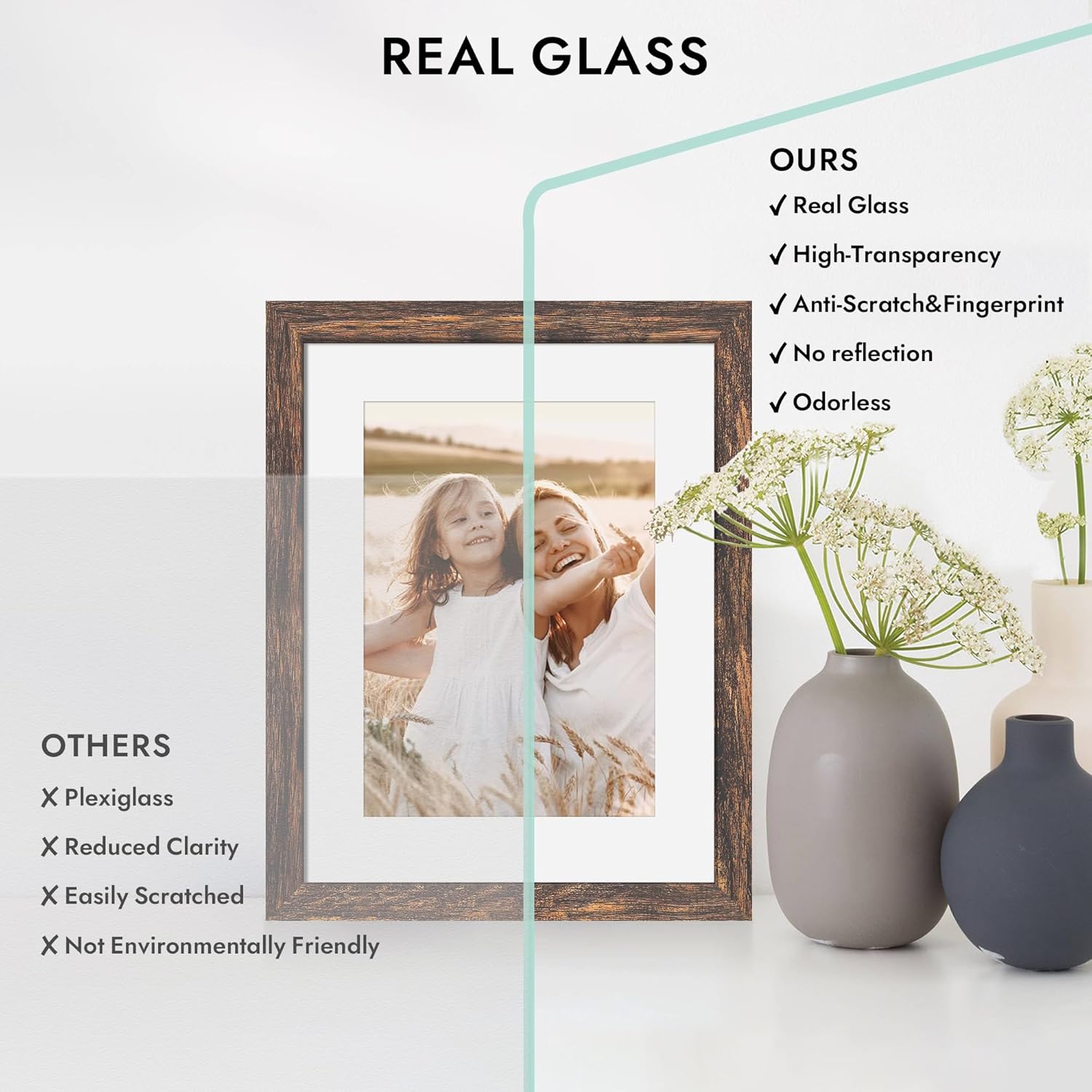 Detalle de Hongkee 8x8 Picture Frame with Glass – Rustic Wood, 6x6 with Mat / 8x8 without Mat, Wall & Tabletop Display