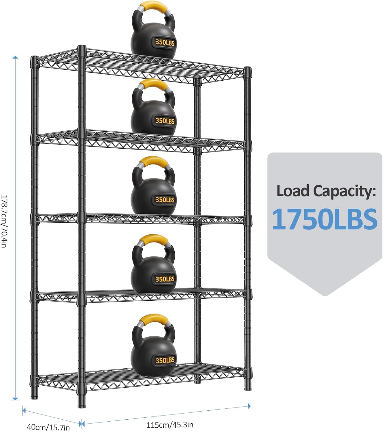 Detalle de IZEUK A40115180FK502-HHX 5-Tier Wire Shelving Unit, 1,750 lb Capacity, Black