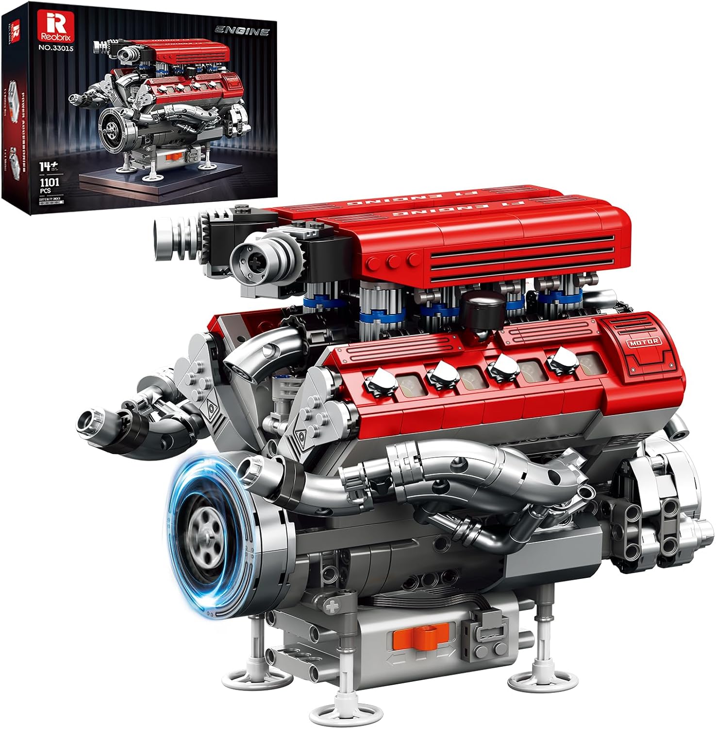 Detalle de Reobrix V8 Engine Model Kit for Adults — 1101 Pieces, Moving V8 Engine Mock-Up