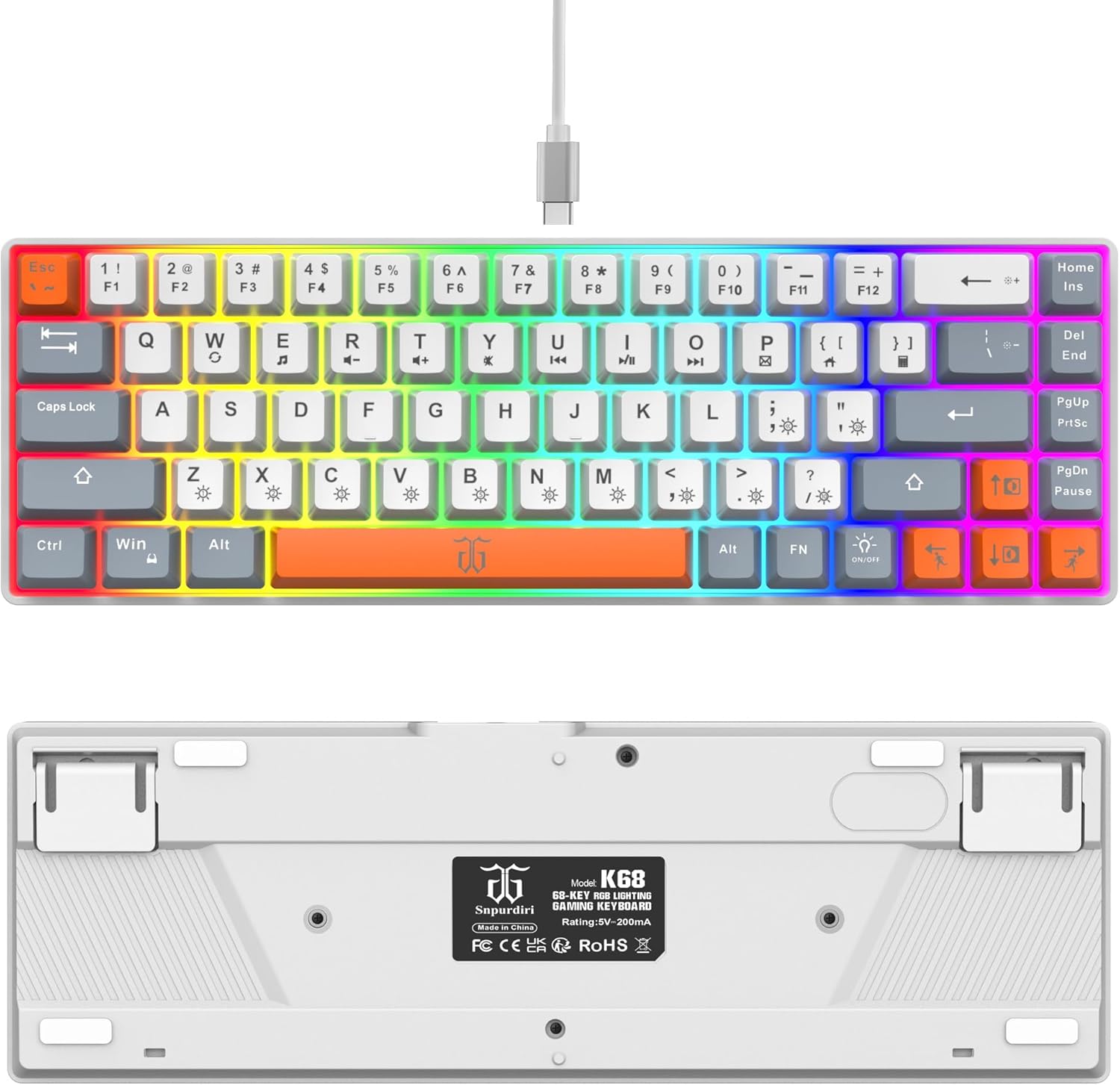 Thumbnail 2 de Snpurdiri 60%-Gaming-Tastatur (68) im kompakten Layout ohne Ziffernblock – Weiß/Grau/Orange