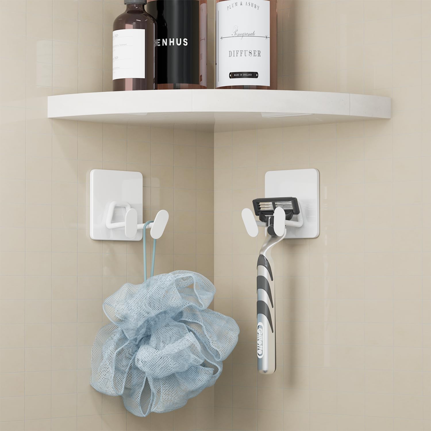 Detalle de susswiff Adhesive Shower Hooks, White 4-Pack, Double-Hook Stainless Steel