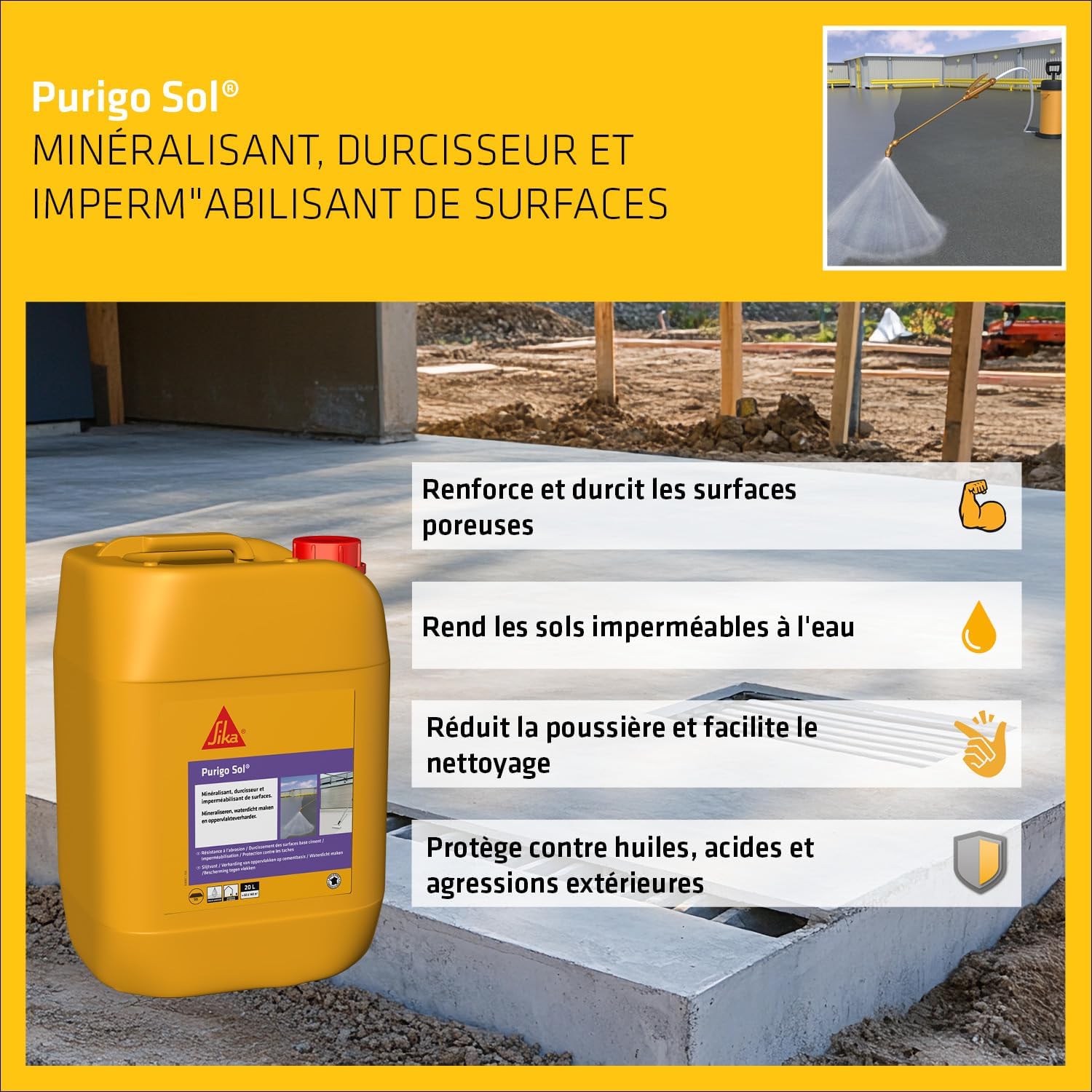 Thumbnail 3 de Sika Purigo Sol 20 L – Durcisseur et anti-poussière pour dallages béton, incolore