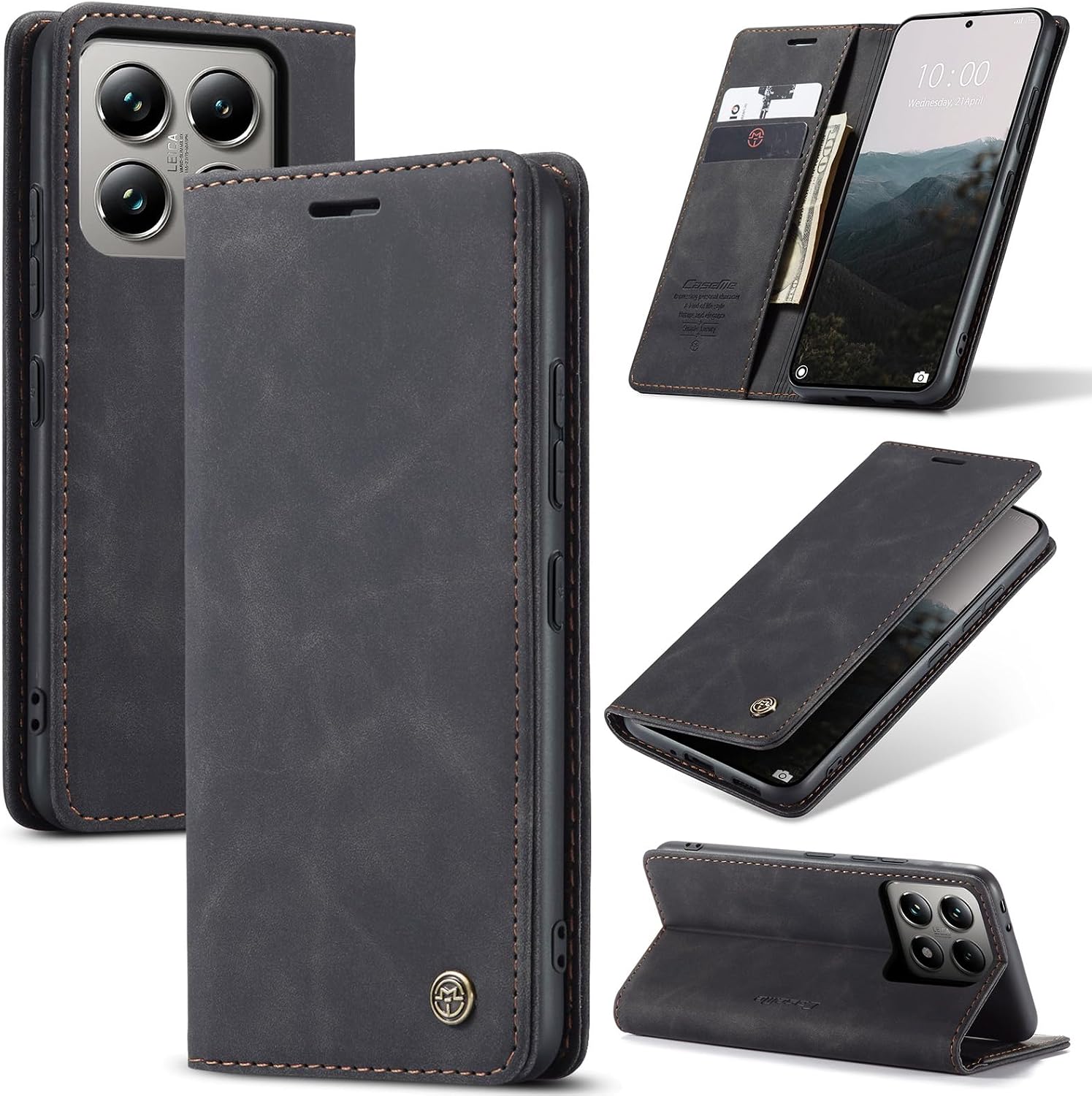 Detalle de Cracedily Handyhülle für Xiaomi 14T Pro: Klapp-Flipcase mit Kartenfach, Magnetverschluss und Standfunktion (Schwarz)