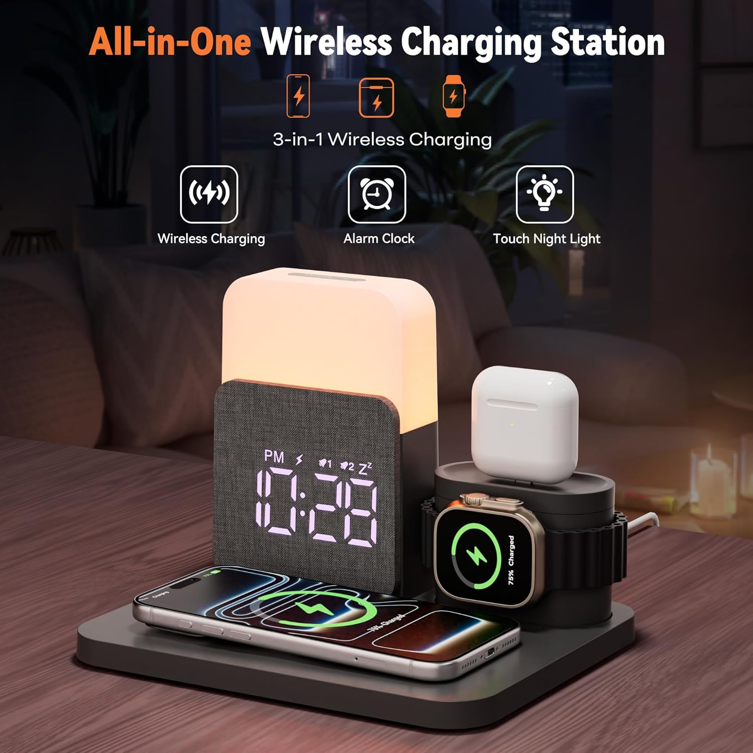 Detalle de COLSUR 6 in 1 Wireless Charging Station with Alarm Clock and Night Light