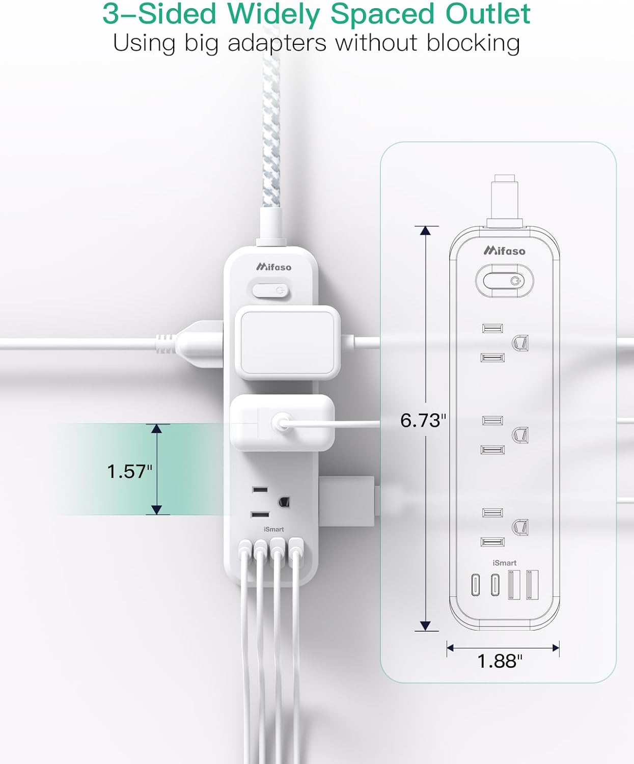 Detalle 2 de Mifaso MFS9W3UC Power Strip with 15-Foot Cord, 9 AC Outlets and 900J Surge Protection