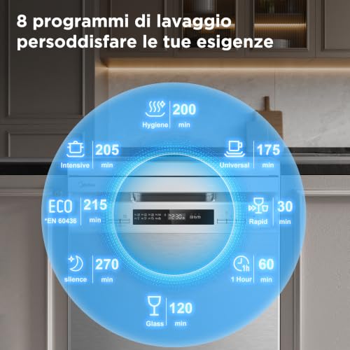 Detalle de Midea MFD45S200X.1-IT: lavastoviglie slim da 10 coperti con 8 programmi e lavaggio a basso consumo