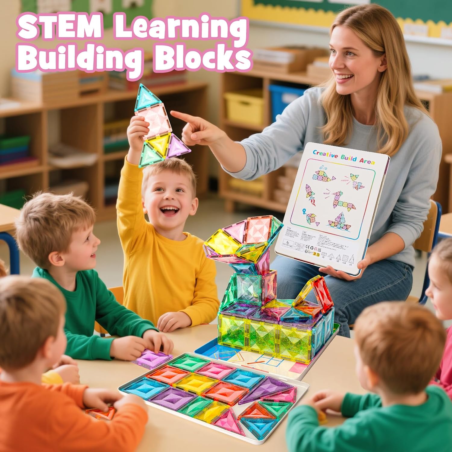 Detalle de YOGOHEE 48pcs Large Glitter Magnetic Tiles – Diamond-Shaped STEM Building Set