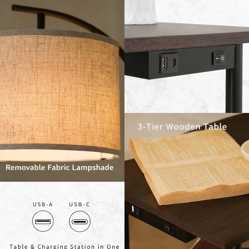 Thumbnail 5 de LuminexDesigns Lampadaire Vintage avec Étagères – Lampe sur Pied en Noyer Rétro, 3 Niveaux et Ports USB-C