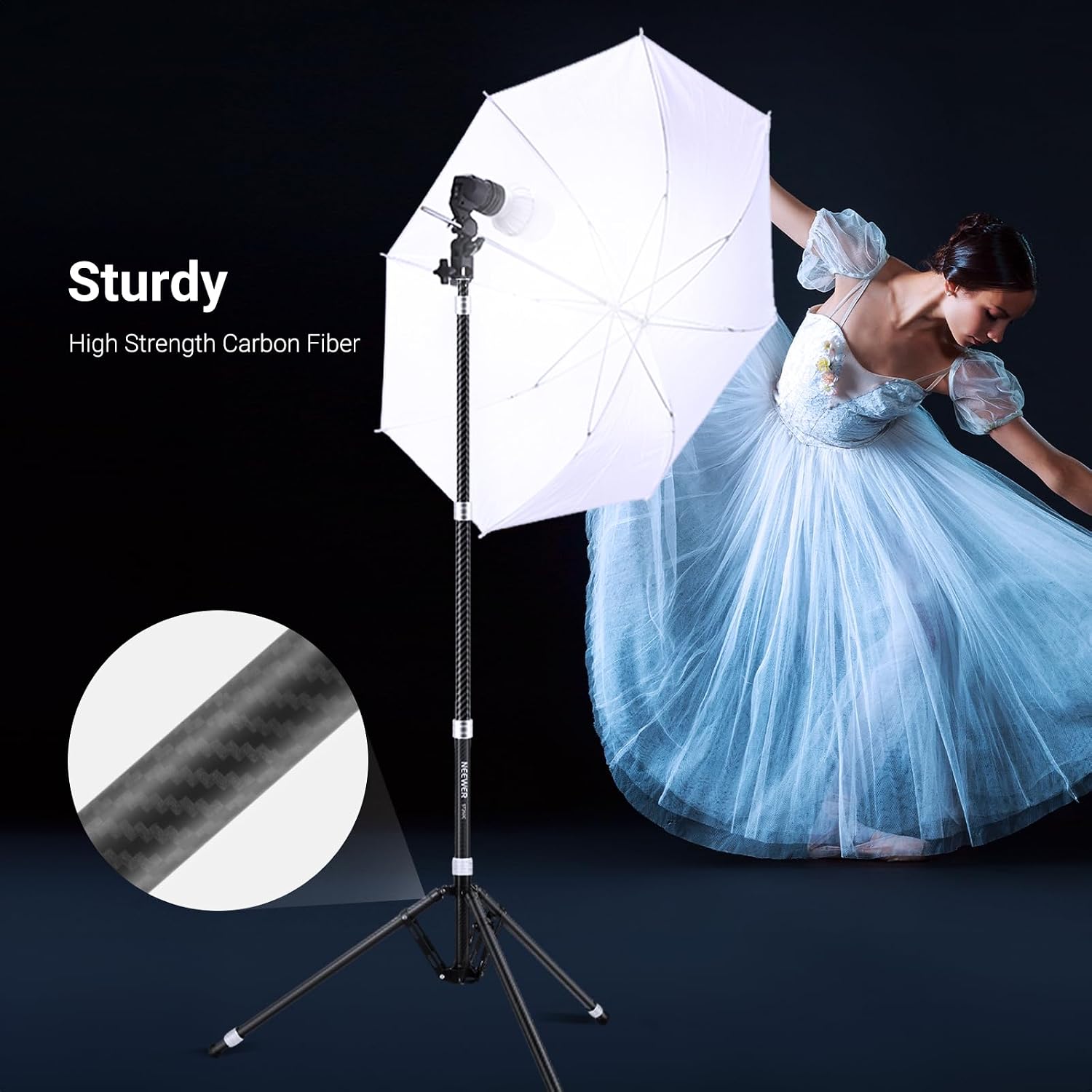 Detalle de NEEWER ST260C Carbon Fibre Tripod Stand with Reversible Legs (35"–102", 3 kg Load)