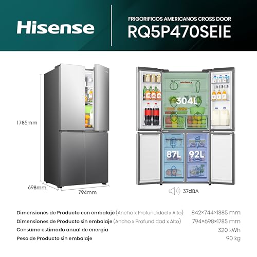 Detalle de Hisense RQ5P470SEIE: Frigorífico Americano Cuatro Puertas con Conectividad WiFi y 483 L