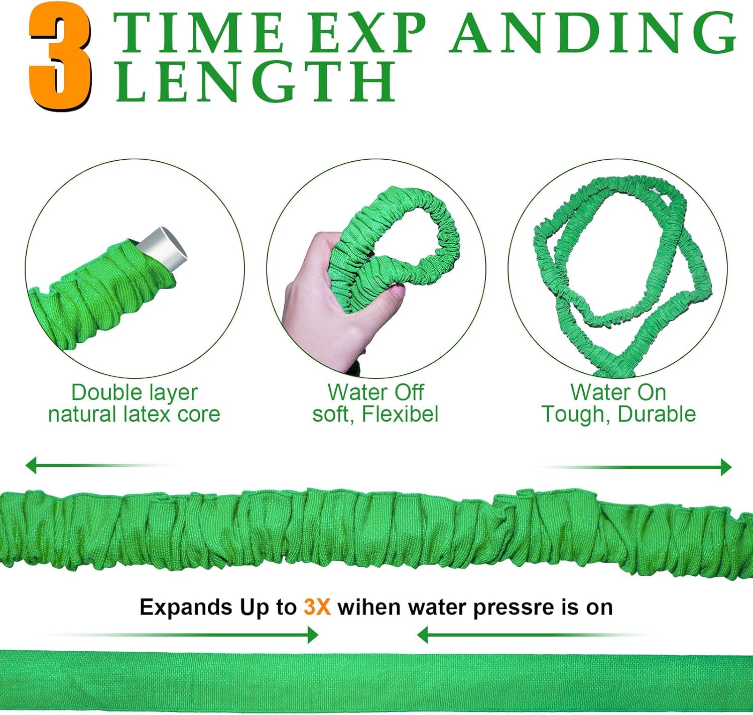 Thumbnail 2 de Expandable Garden Hose Pipe 100FT with 8-Pattern Spray Nozzle and 3/4"–1/2" Solid Brass Fittings (Green)