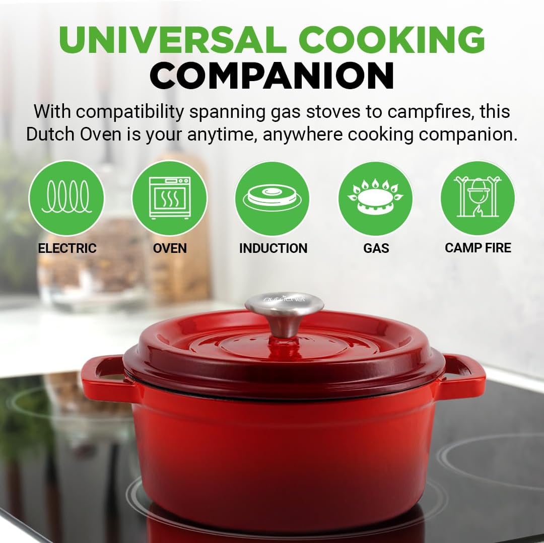 Detalle de NutriChef Enameled Cast Iron Dutch Oven 4.7L (Round) with Self-Basting Lid – Red