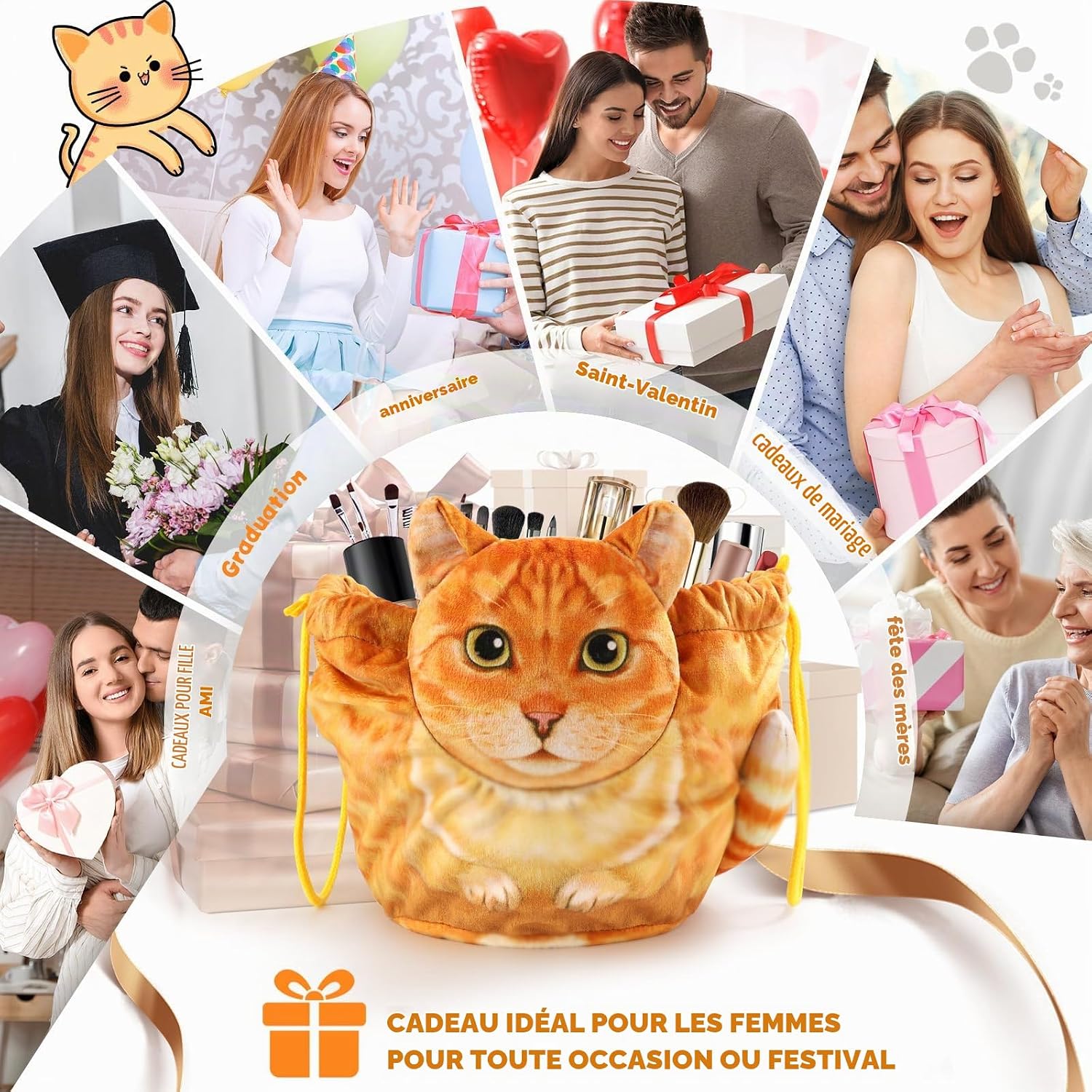 Detalle 2 de Openhahaha toilettas met trekkoord, polyester en oranje kattenmotief