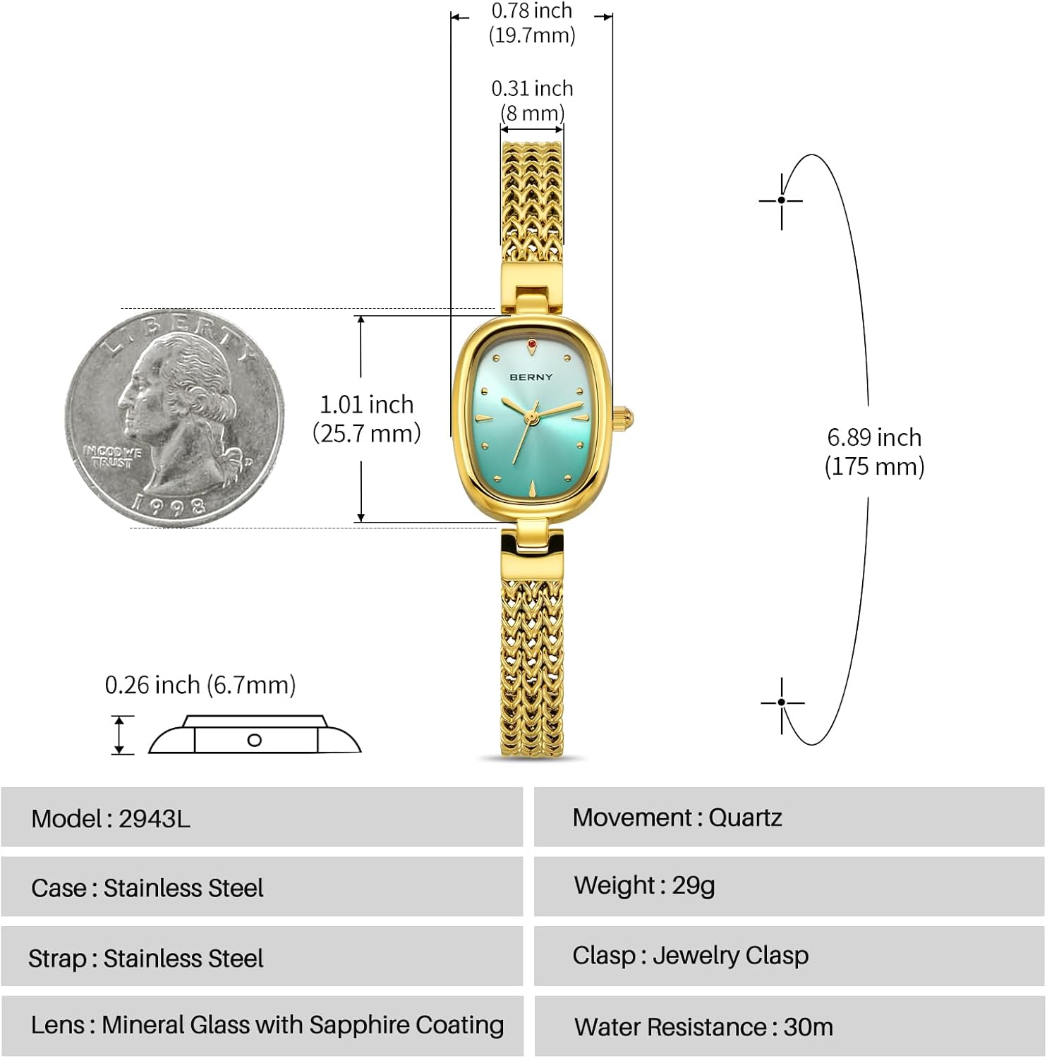 Thumbnail 5 de BERNY Gold Damen Quarzuhr mit ungleichmäßig quadratischem Zifferblatt – wasserresistentes Mesh-Armband