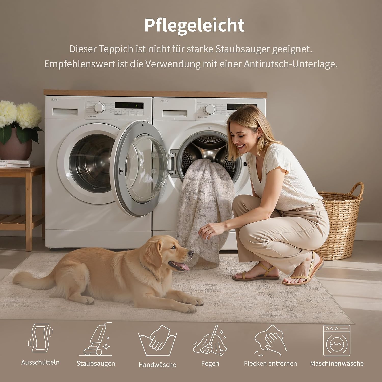 Detalle de PureCozy Modern Abstract Area Rug 120x170cm – Beige Washable, Non-Slip Plush Carpet