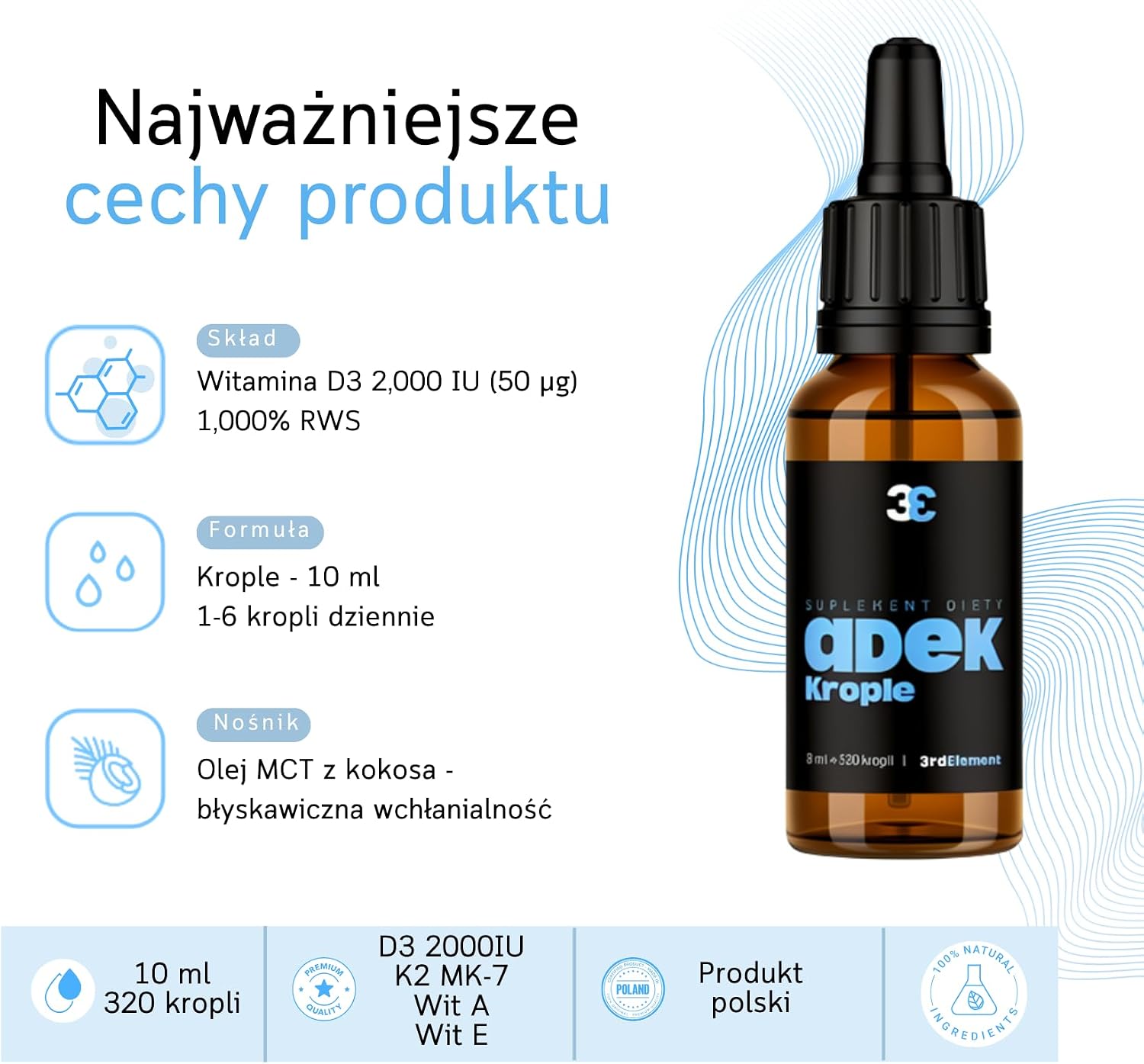 Detalle de 3rd Element Nutrition Witaminy ADEK w kroplach, wegańskie, 10 ml