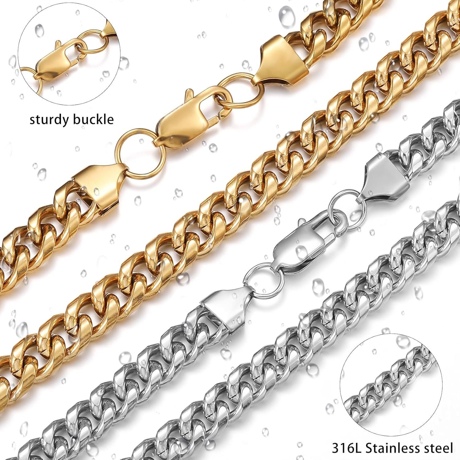 Detalle de HSWYFCJY kubanische Halskette Herren 3–8 mm Edelstahl – 45–65 cm in Silber, Gold oder Schwarz