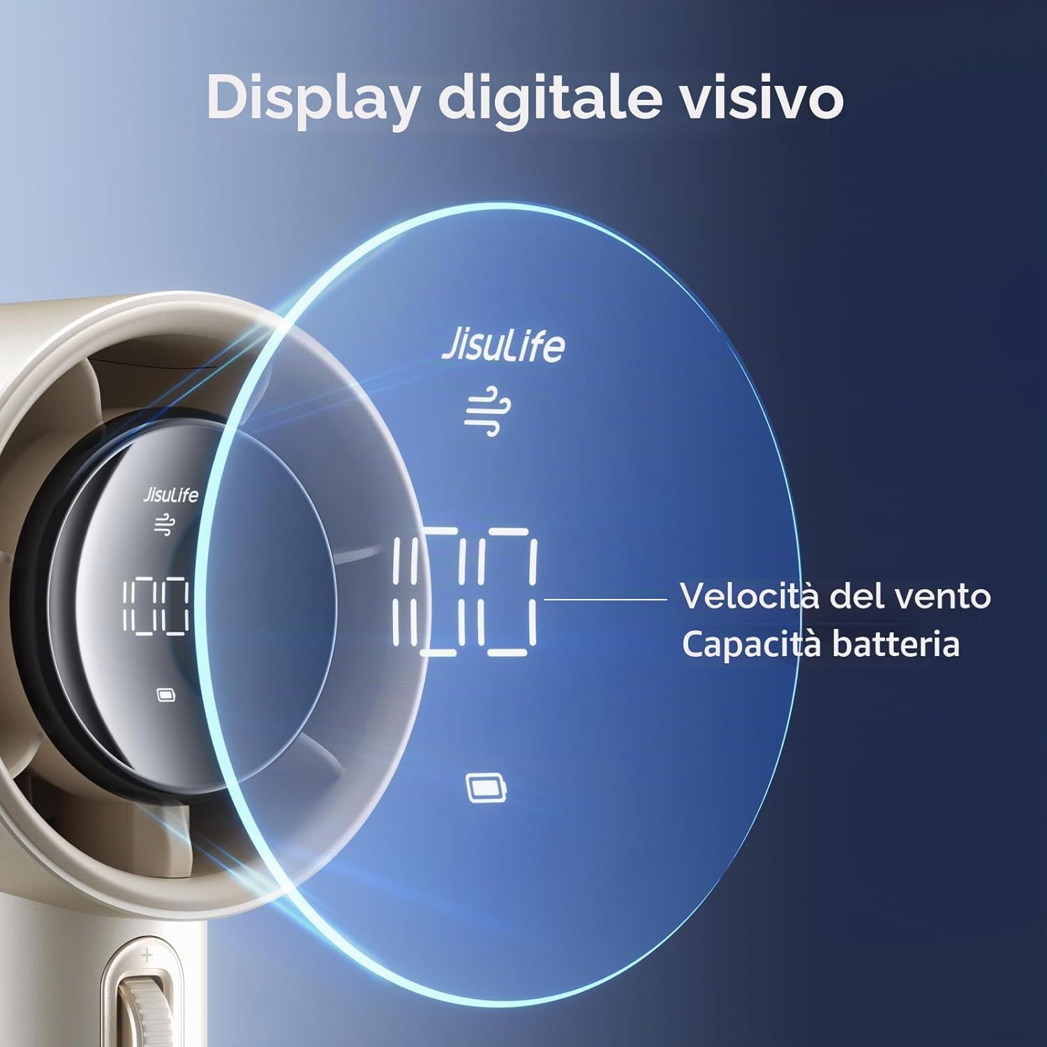 Detalle de JISULIFE Ventilatore Portatile a Mano FA53 — Mini Turbo con Display, 5000 mAh, velocità 1–100 e corpo in metallo
