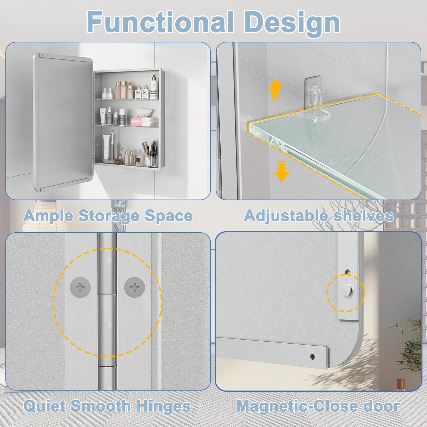 Thumbnail 6 de Venlus Silver Medicine Cabinet with Mirror, 20x28 — Fully Assembled, Recessed or Surface Mount