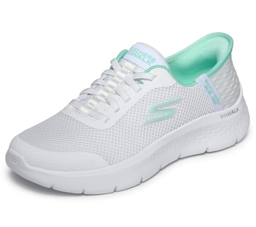 Detalle de Skechers Donna Go Walk Flex Grand Entry Trainers – White Textile/Mint Trim, 37 EU