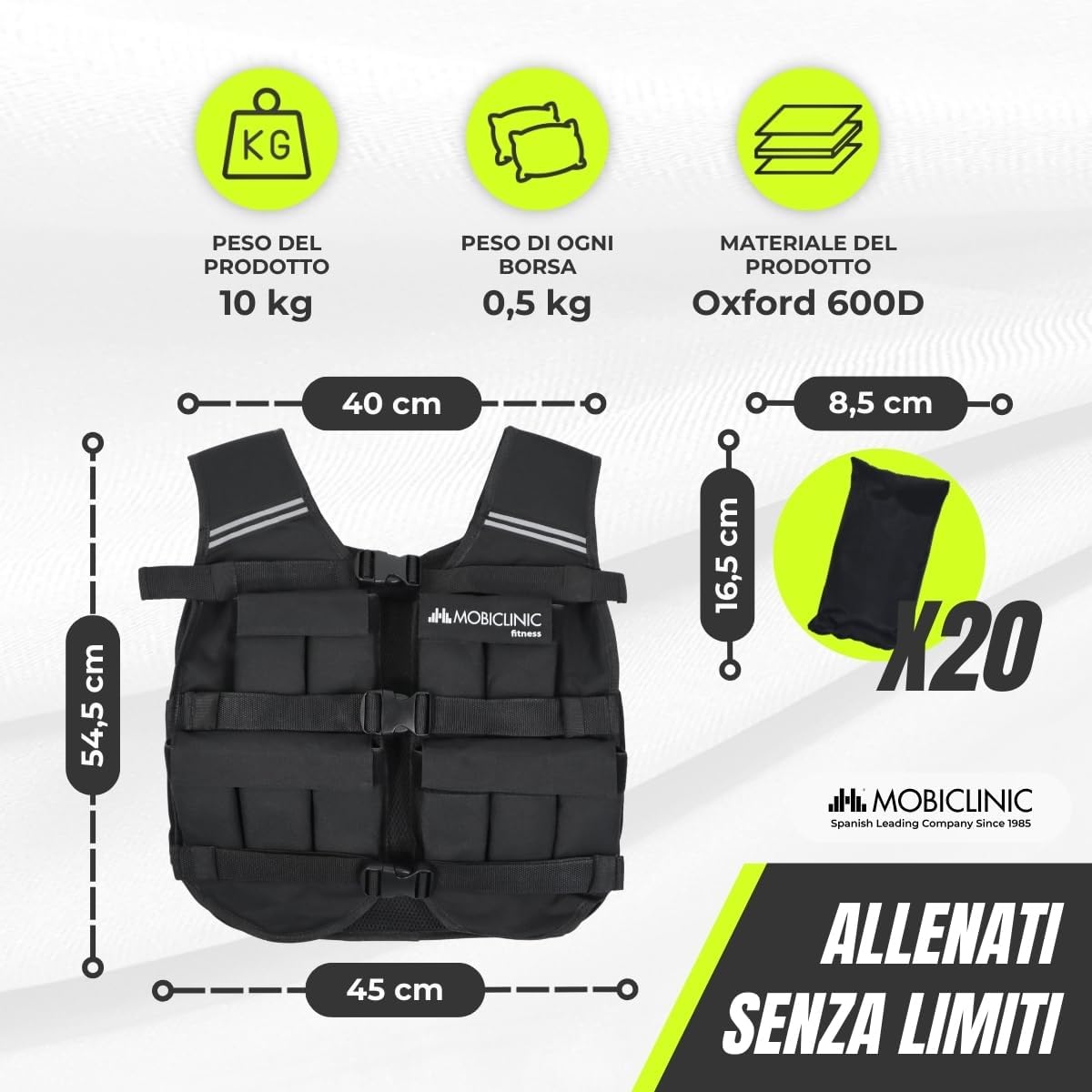 Detalle de Mobiclinic Gilet Zavorra 10/20 kg Regolabile in Oxford 600D con Strisce Riflettenti