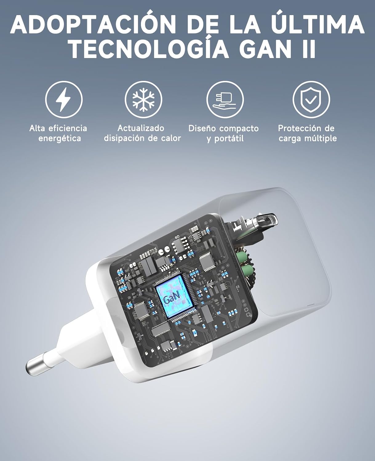 Detalle de HYDOOD Cargador USB C 65W con cable 2 m GAN II: carga rápida PD3.0 PPS para MacBook, iPhone y Galaxy