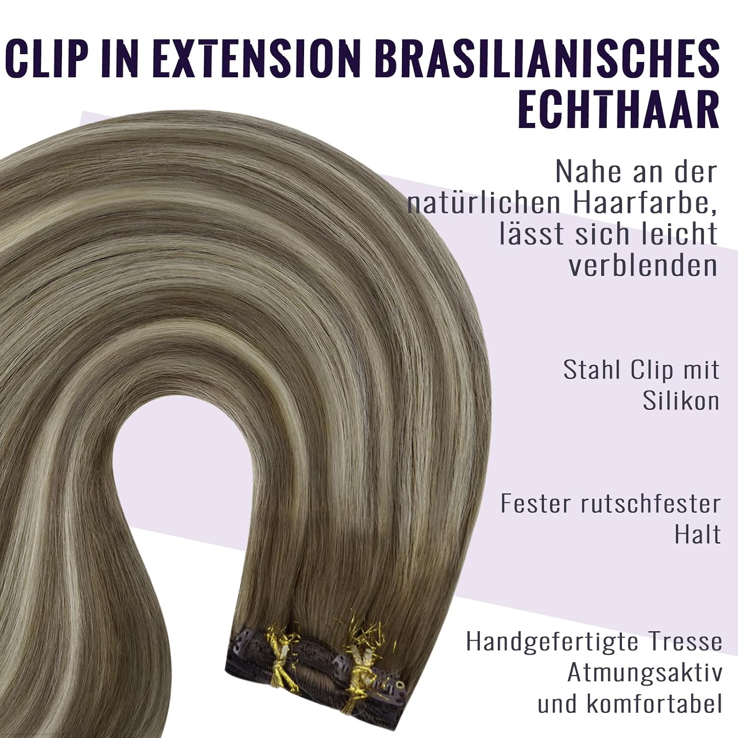 Detalle de Fshine Clip-in Echthaar Extensions 45 cm, 120 g – Balayage Mittelbraun bis Hellblond, 7 Stück