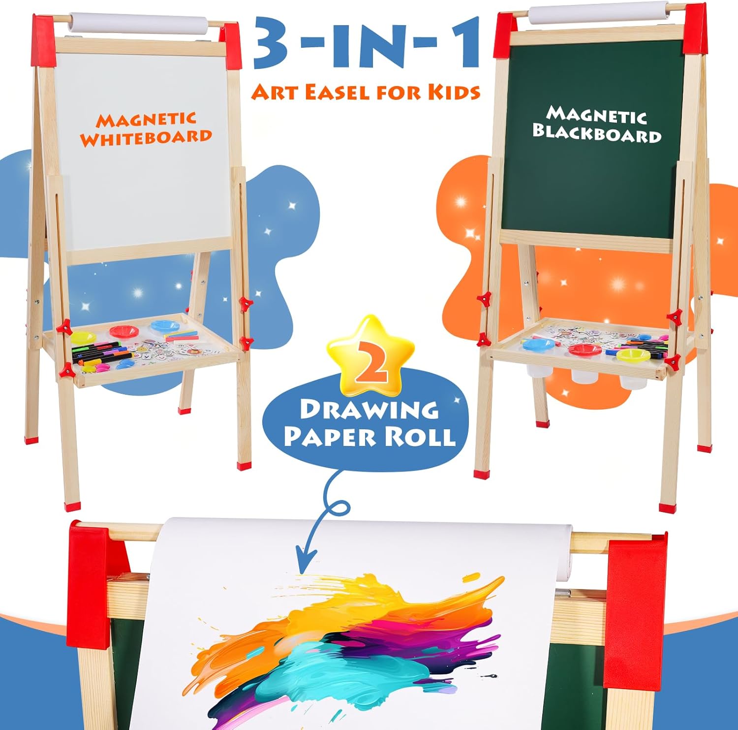 Thumbnail 3 de Kinder Staffelei Holz Kindertafel mit Papierrollenhalter – doppelseitige Kreidetafel und Whiteboard
