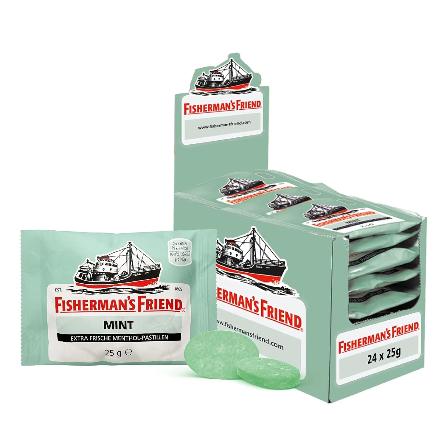 Detalle de Fisherman's Friend Mint 24er Vorratsbox – Pfefferminze & Menthol, vegan, 24 x 25 g
