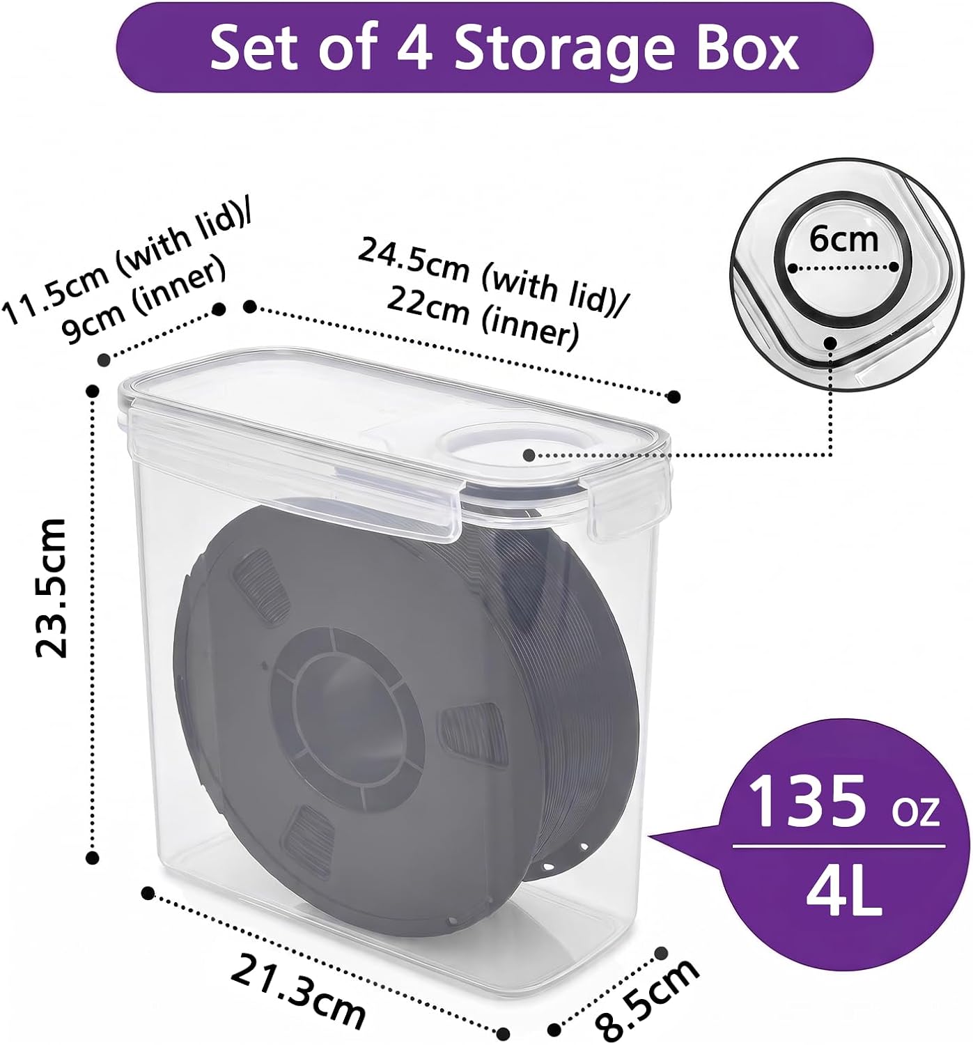 Detalle de Withosent Filament Box 4er Pack – pojemniki na filament 3D 4,0 l z osuszaczem i etykietami