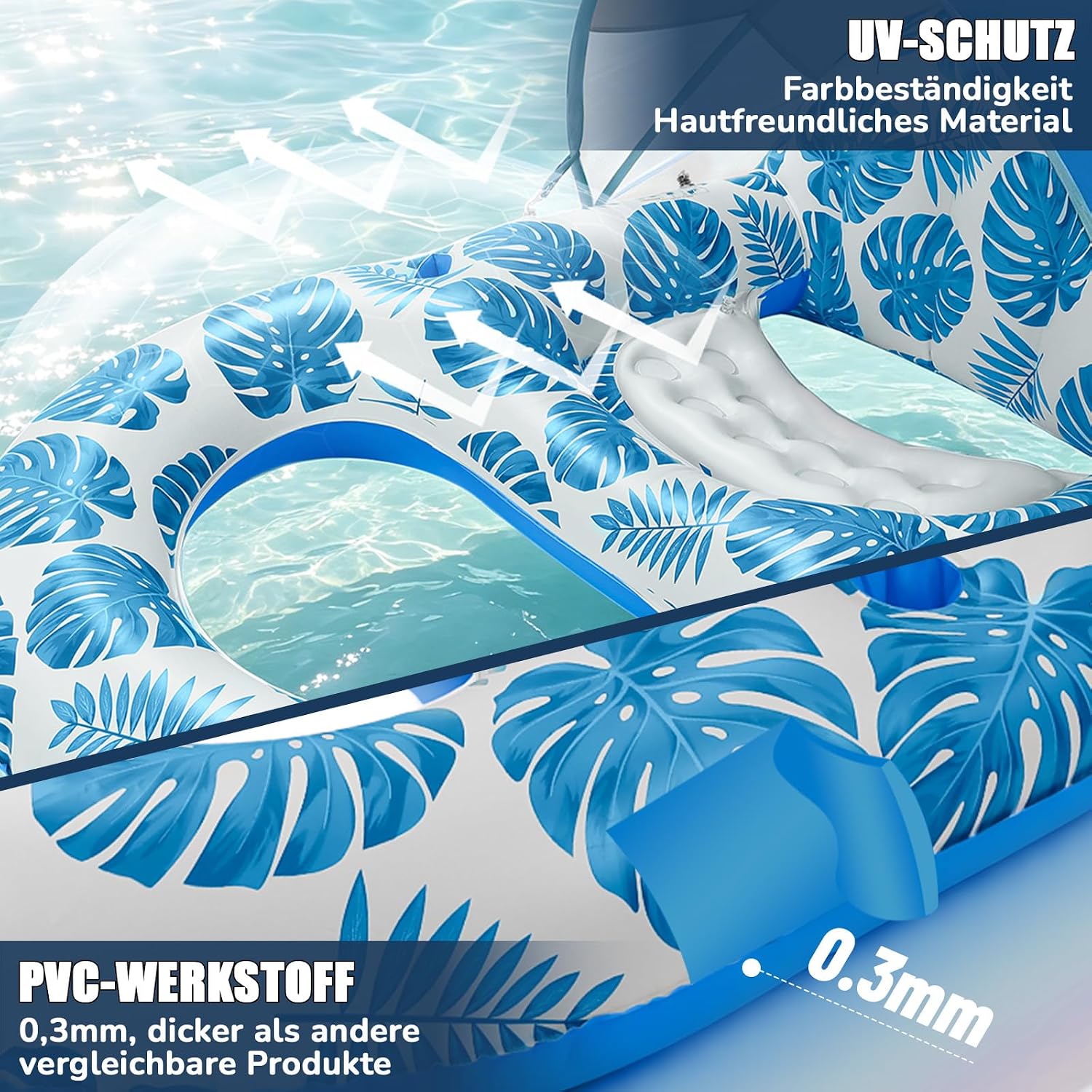 Detalle 2 de Cheffery Luftmatratze Pool – Aufblasbares Sonnenpool-Sofa mit Sonnendach, Getränkehalter und Fußstütze