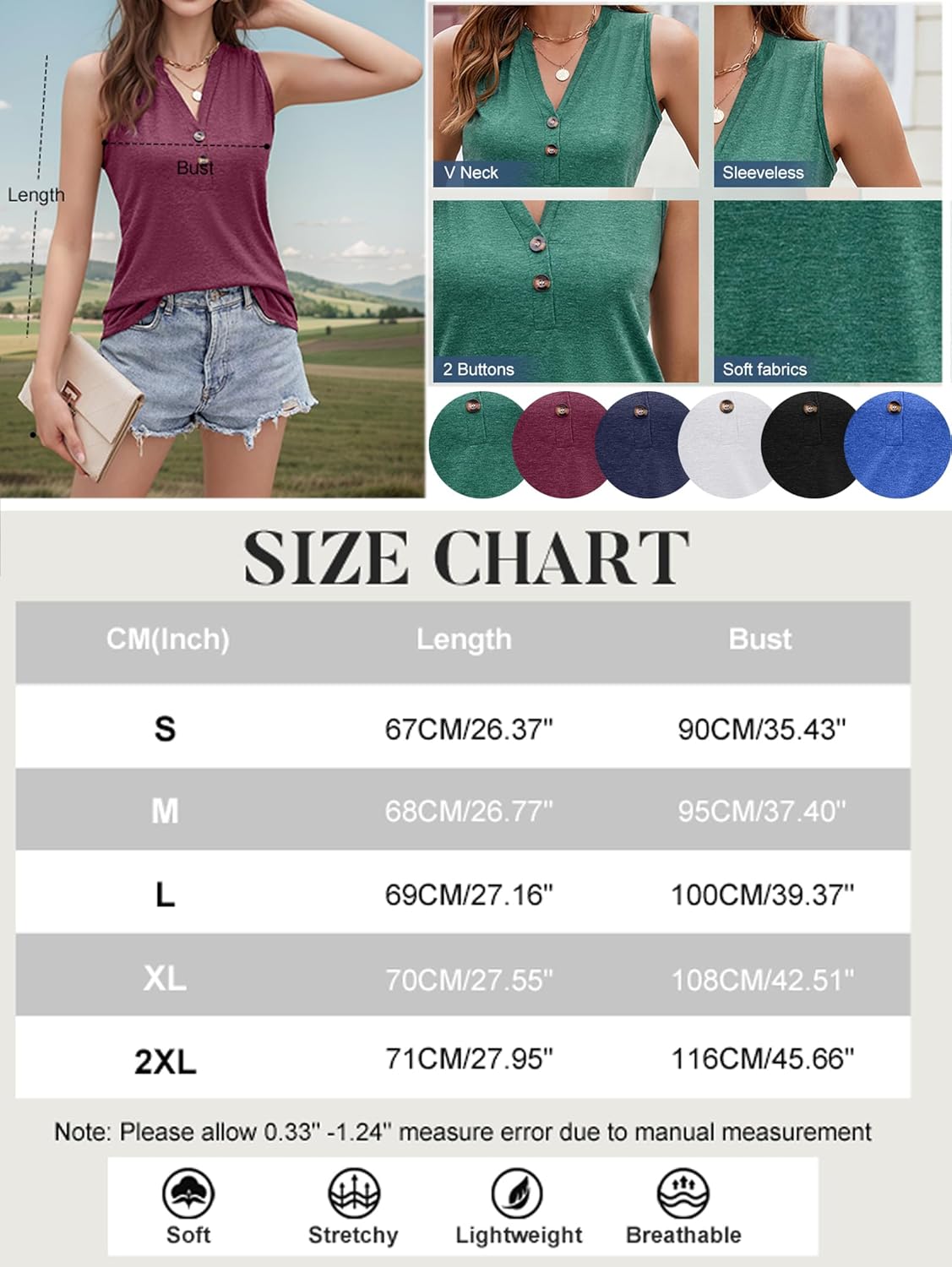 Detalle de iChunhua Women's V Neck Summer Tank Tops with Button Front – S to XXL
