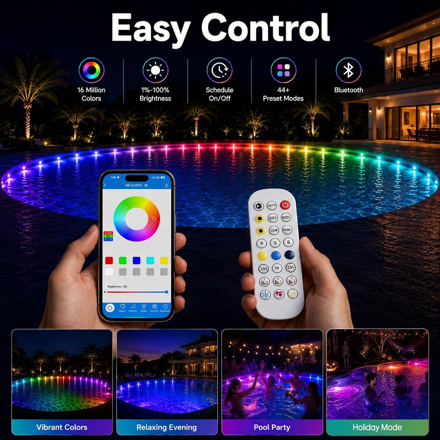 Thumbnail 4 de Soiarllt 25m 16 Lampes Swimming Pool Lights with App & Remote – IP68 Submersible RGB LED Lights for Pools and Ponds