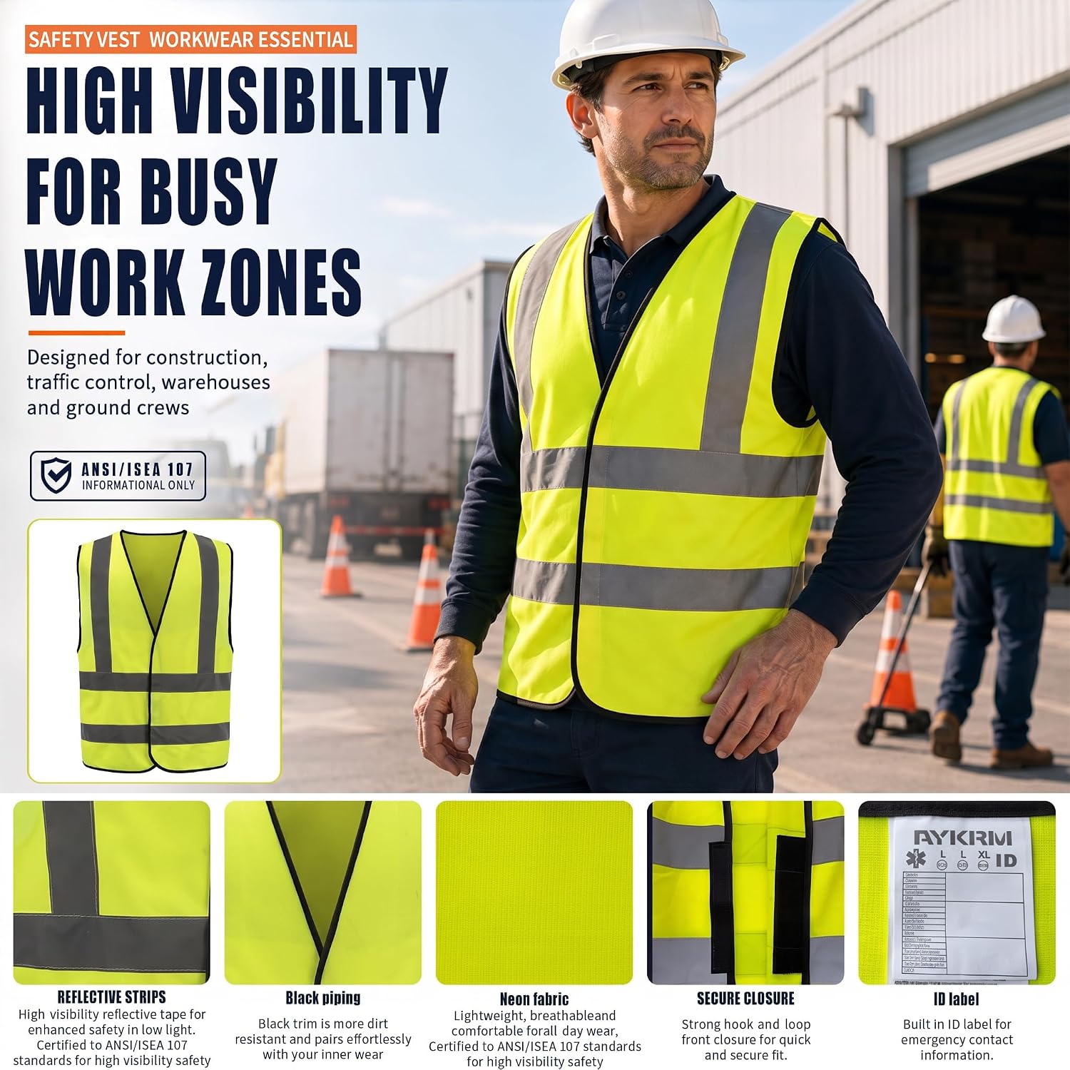 Detalle 2 de AYKRM 12-Color High-Visibility Safety Vest with Reflective Material