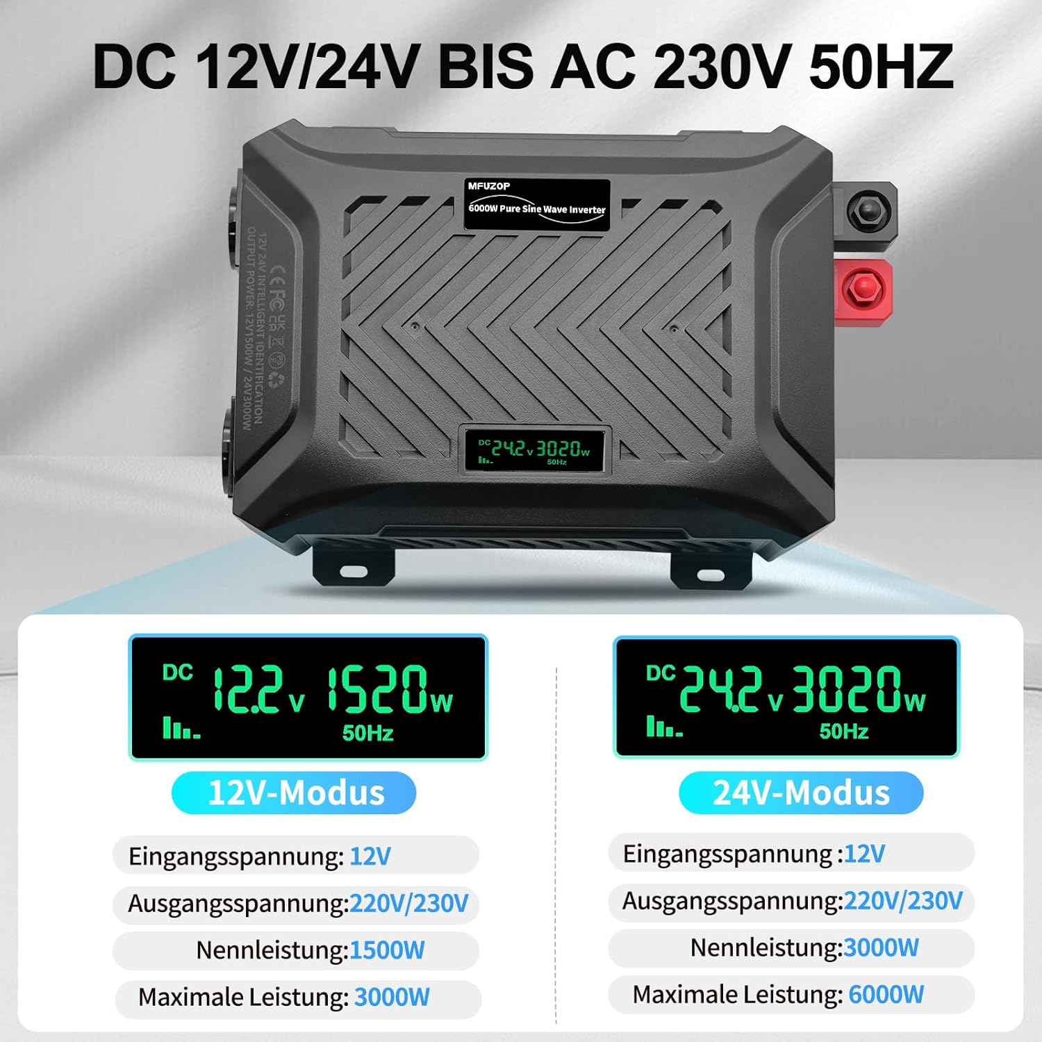 Thumbnail 1 de MFUZOP Power Inverter 12V/24V 220V a onda sinusoidale pura fino a 3.000W/6.000W con display LCD e USB/Type‑C