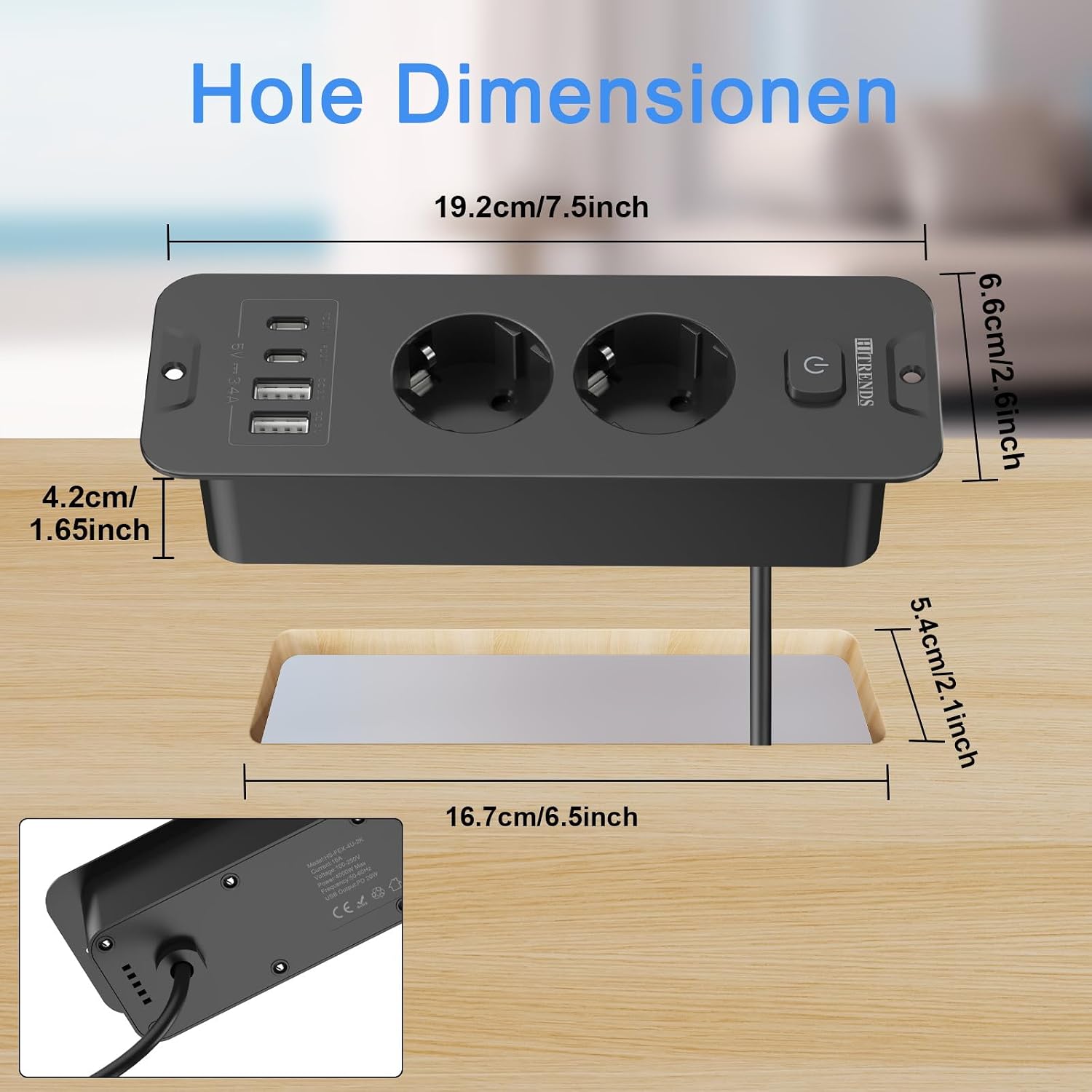 Detalle de Versenkbare Steckdose 2-Fach mit USB-C/USB-A – Einbau-Steckdosenleiste für Tischplatten